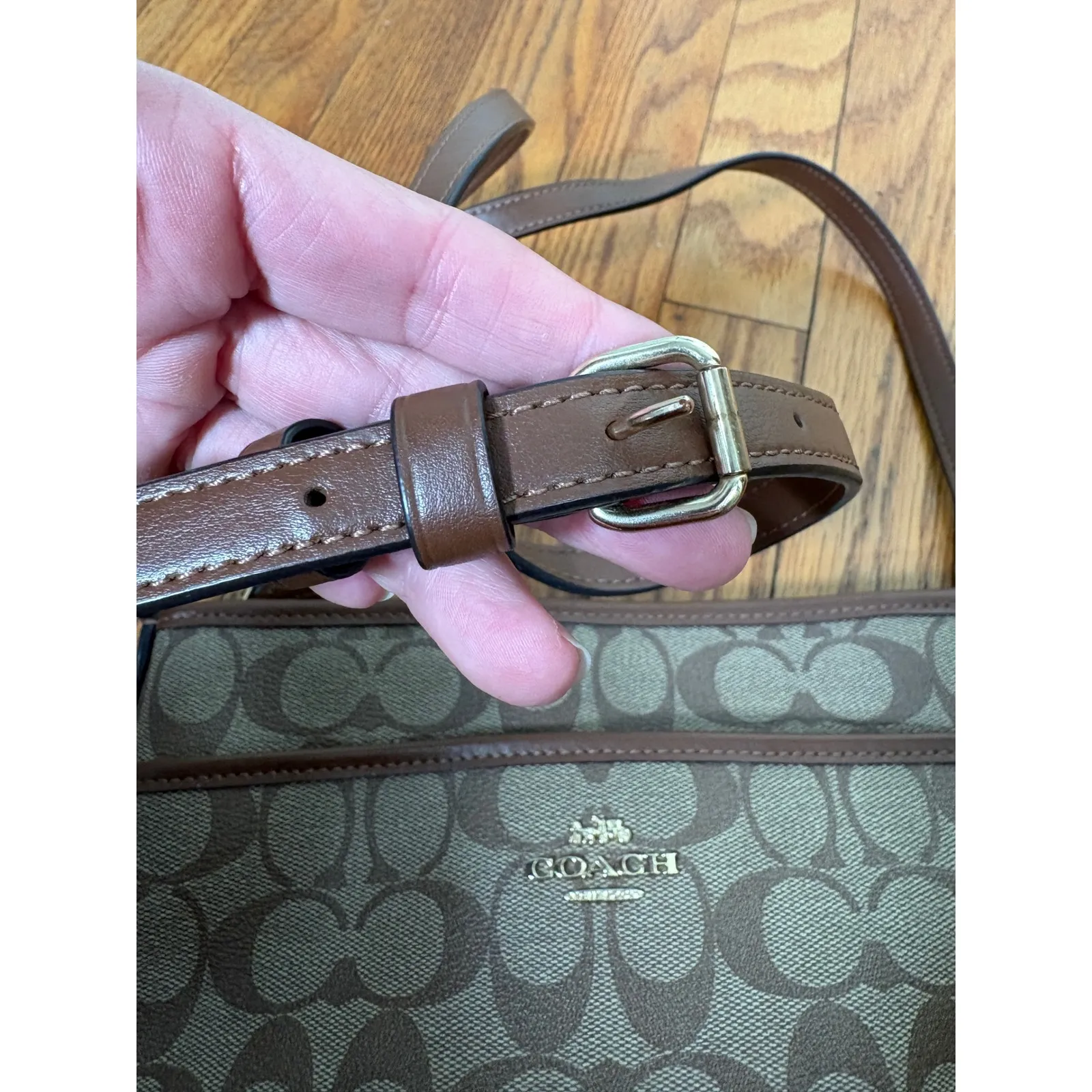 Coach Signature File Canvas Crossbody Bag Brown Tan Khaki Leather Trim - Image 12