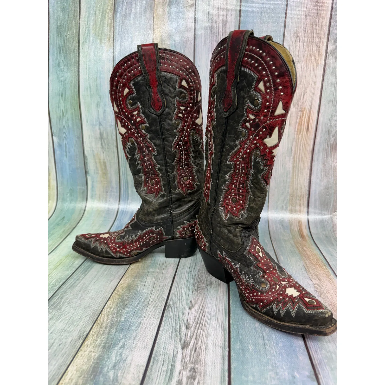 Coral Western Cowboy Boots Red Black Overlay Studs Snip Toe Size 5.5 Tall Shaft - Image 3