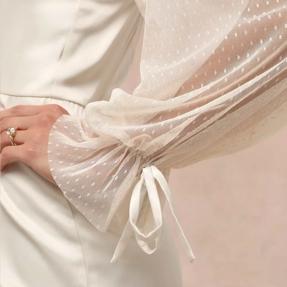 LULU’S Gracefully Modern Ivory Satin Mesh Long Sleeve Bustier Jumpsuit - Image 3