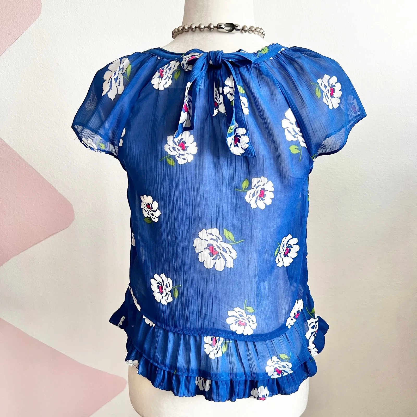 Abercrombie & Fitch Blue Floral Sheer Top Y2K Vintage 2000s XS‎ - Image 3