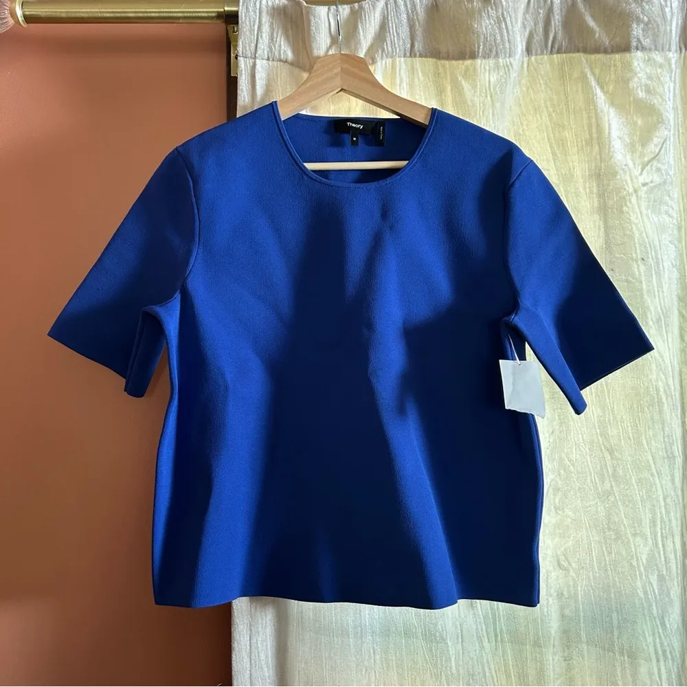Theory Structured Short-Sleeve Scuba Jersey Crewneck T-shirt Top Blue NWT Size M - Image 4