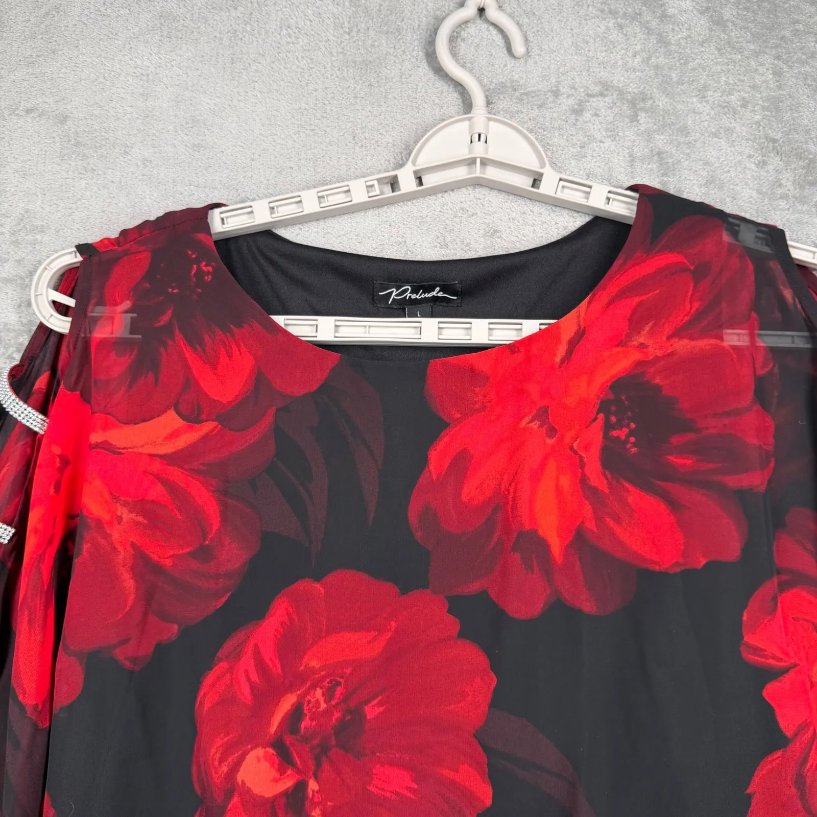 Prelude Red Floral Rhinestone Cold Shoulder Blouse Banded Waist Party Top Medium Size L - Image 4