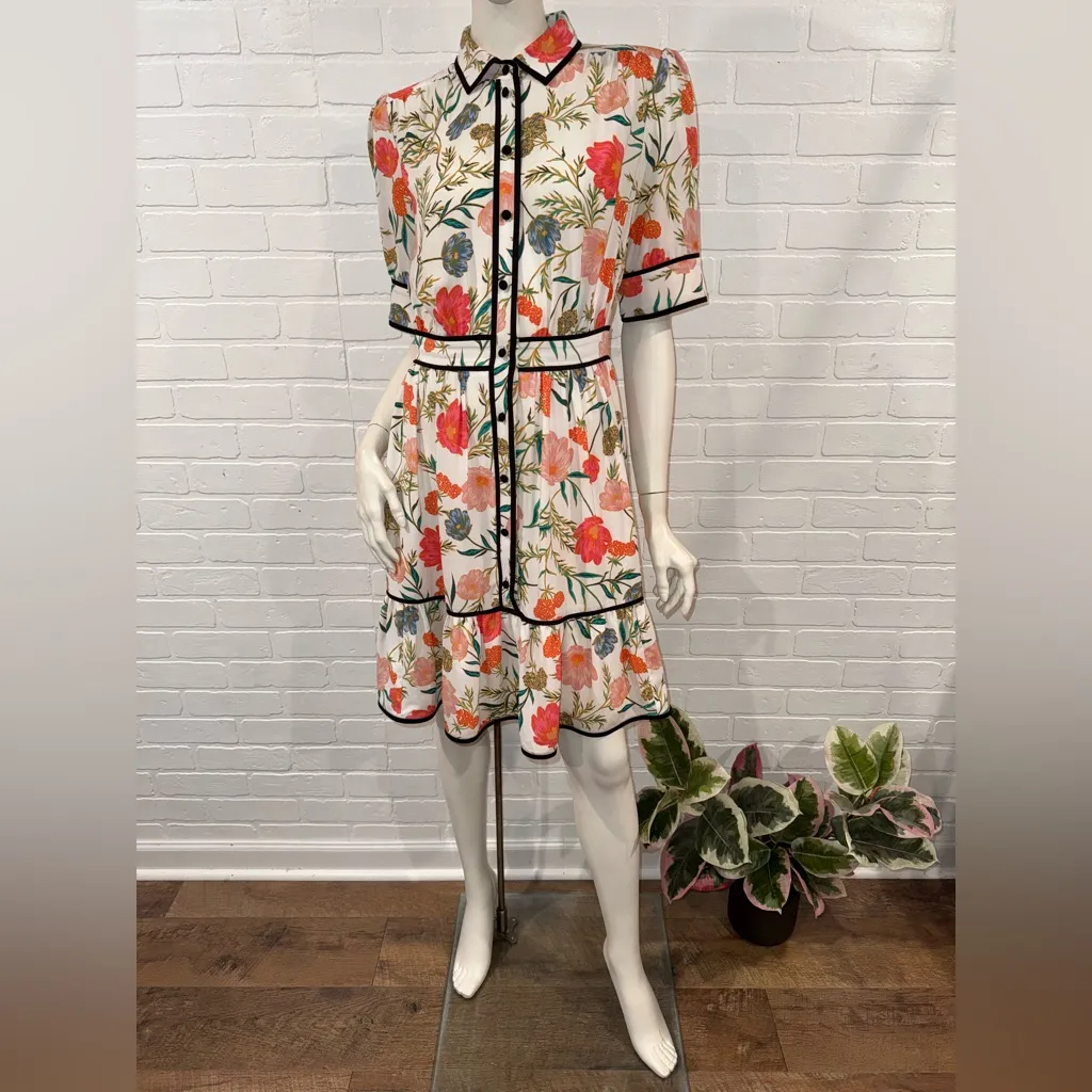 Kate Spade Picnic Perfect Blossom Fluid Floral Button Up Dress with Black Trim - Image 9