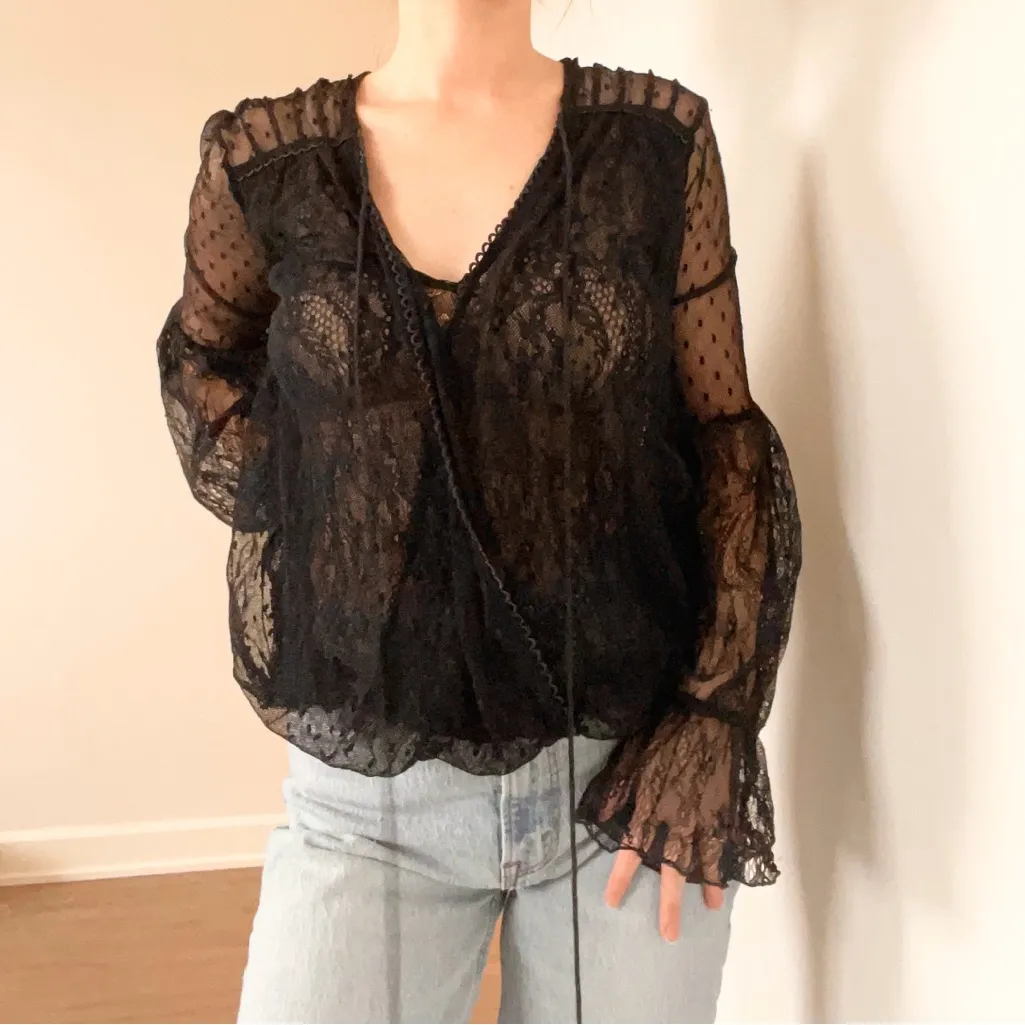 Free People Sheer Black Lace Blouse - Image 3