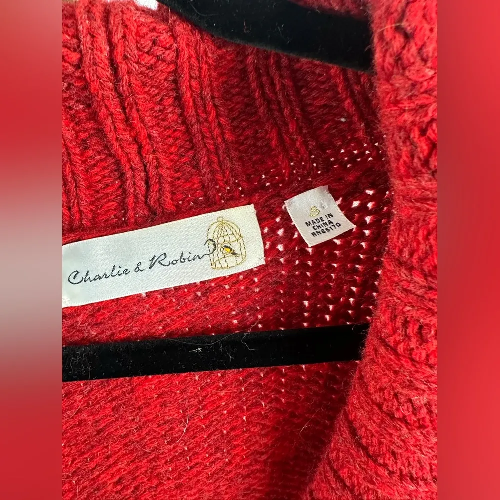 Anthropologie Charlie And Robin Red Wool Cropped Button Cardigan Wood Buttons Sm - Image 5