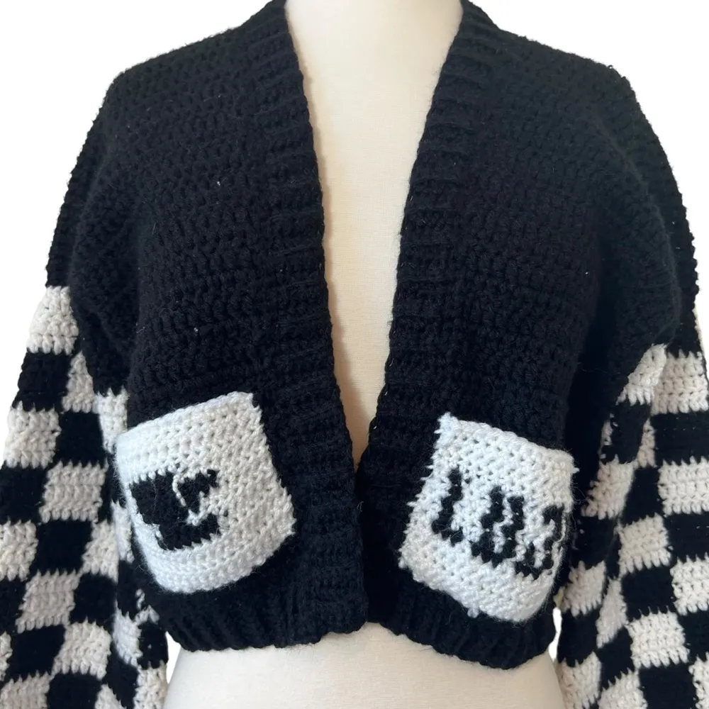 Hand Crochet Chunky Knit Checkered Sleeve Crop Cat Cardigan - Image 2