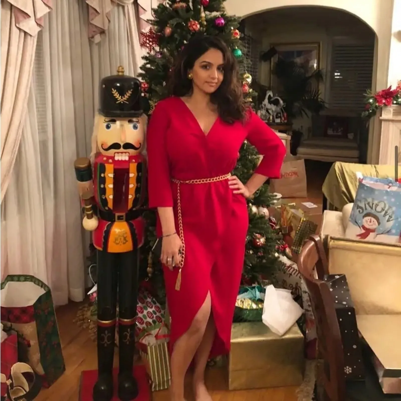 Amanda Uprichard Midi Dress Womens Small Red Wrap 3/4 Sleeve Holiday Cocktail - Image 2