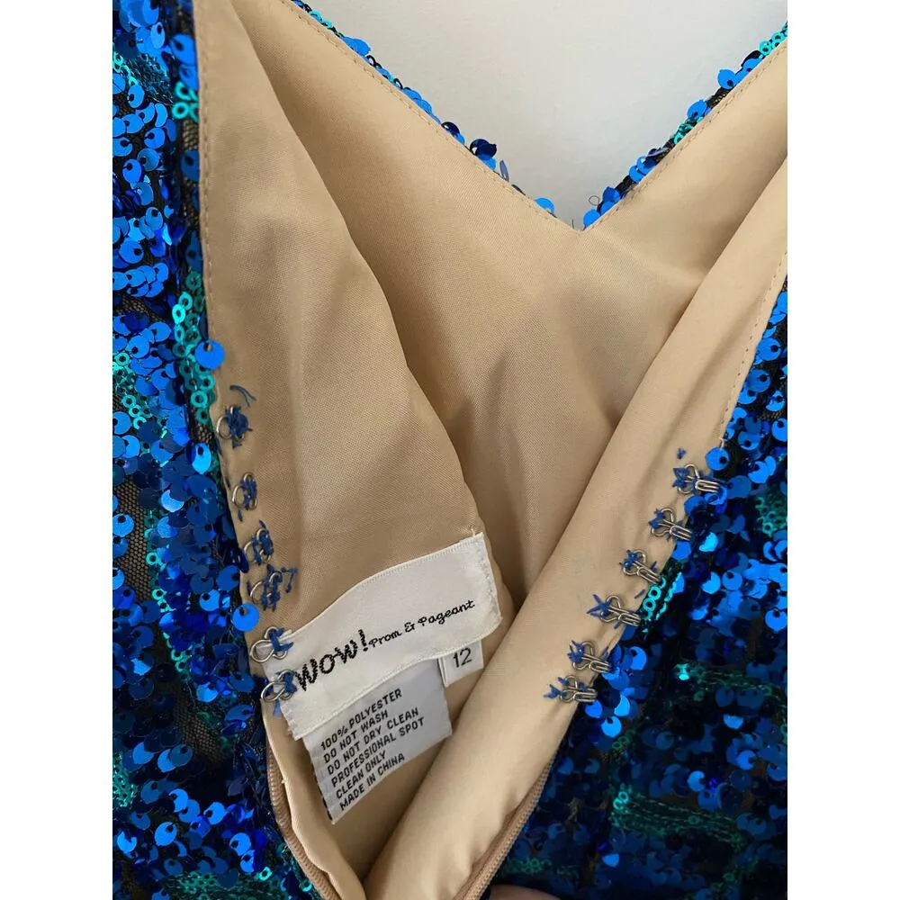 WOW! Prom & Pageant 12 Blue Green Teal Sequin Mini Bodycon Dress EUC Deep V Back - Image 13