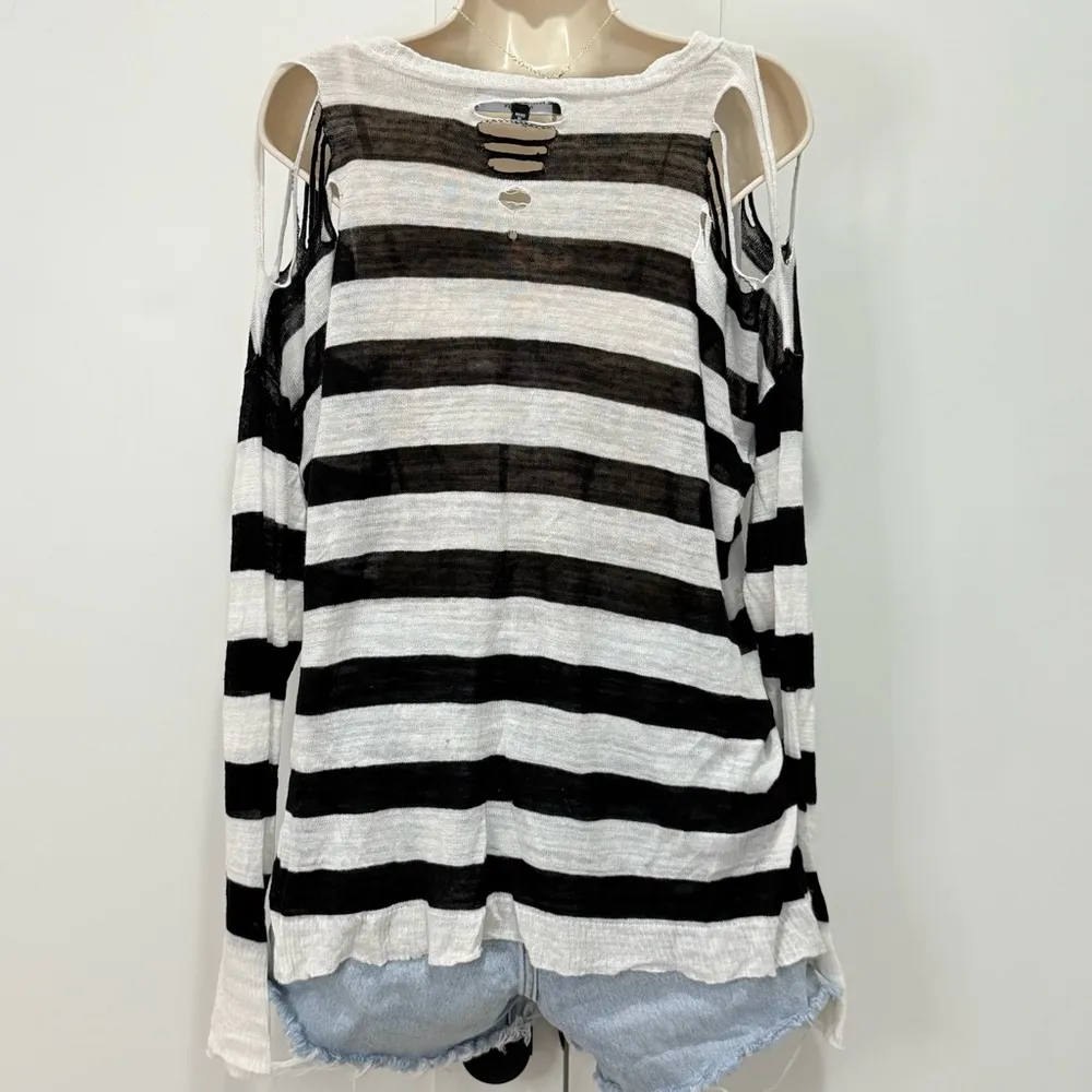 Central Park West Lucerne Sweater Medium Distressed Striped V Neck Linen Edgy - Image 7