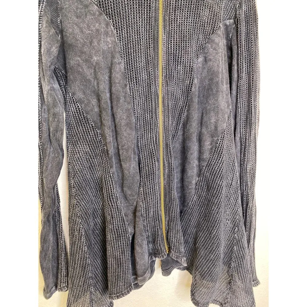 T Party Fish Net Ribbed Panel Hoodie Mineral Navy Sz Lg Zipper Shark Bite Hem Blue - Image 2