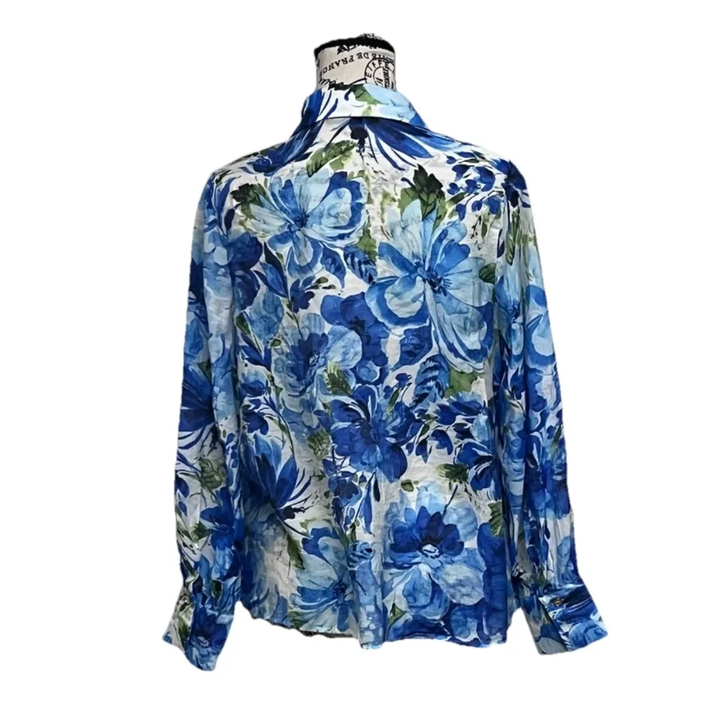 Blue Floral Button-Up Blouse Women’s Romantic Coastal Collared Shirt Long Sleeve - Image 5