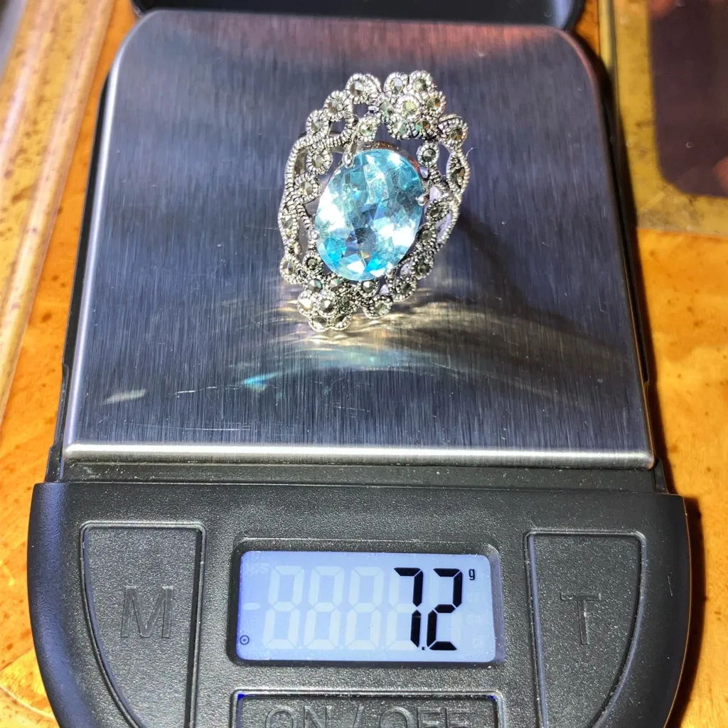 Sky Blue Topaz Marcasite Sterling Silver Cocktail Ring Size 6 - Image 9