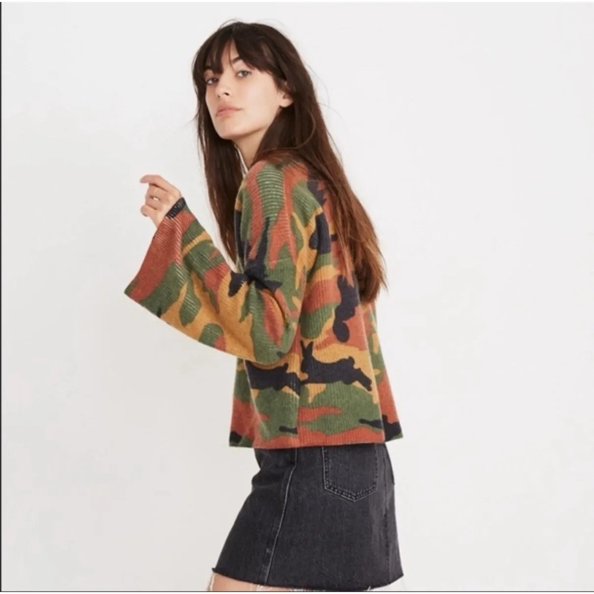 Madewell Cottontail Camo Wide Sleeve Sweater 100% Merino Wool Womens Medium - Image 2