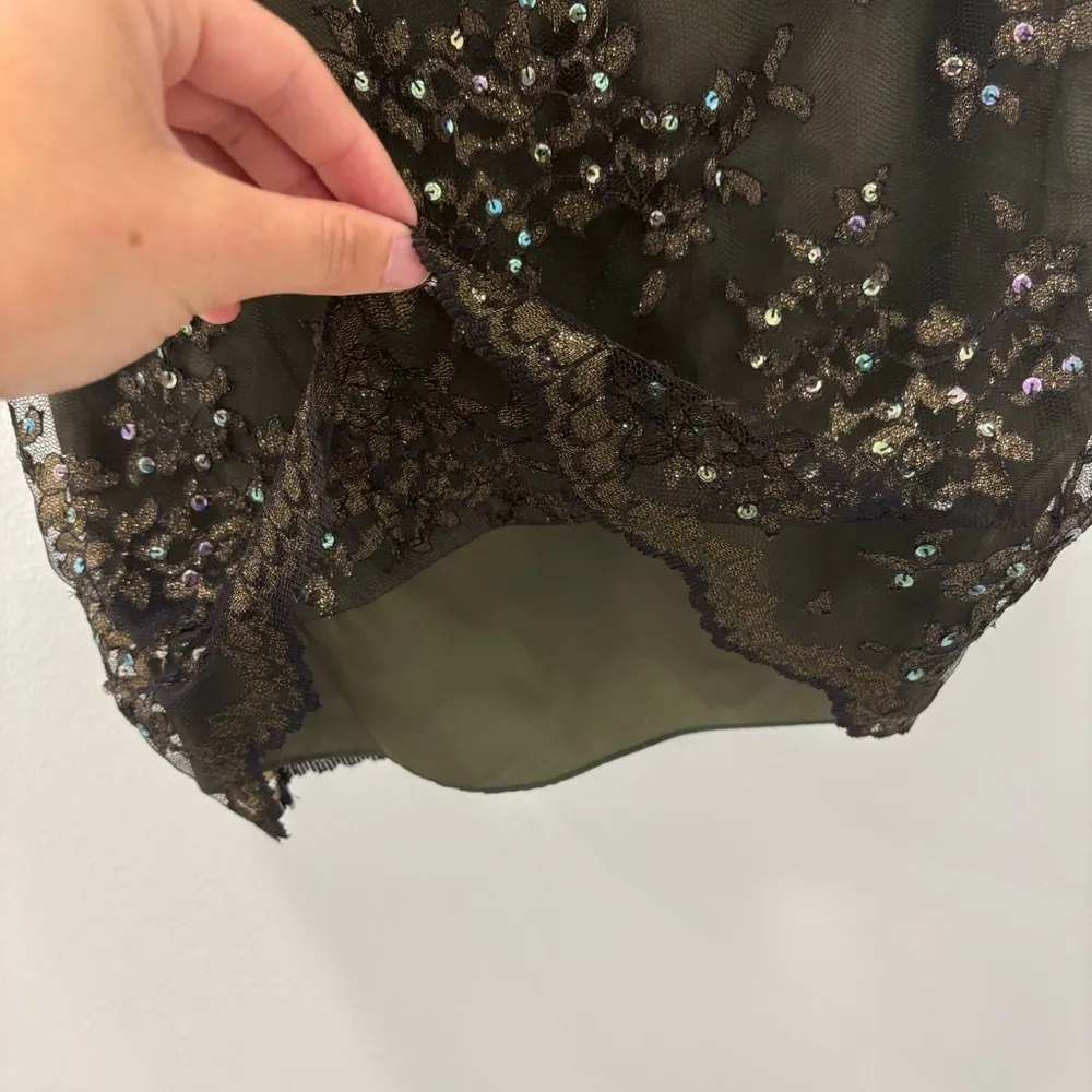 Rimini By Shaw Army Olive Green Sequins Embroidered Floral Mini Dress Formal Black Size 4 - Image 4