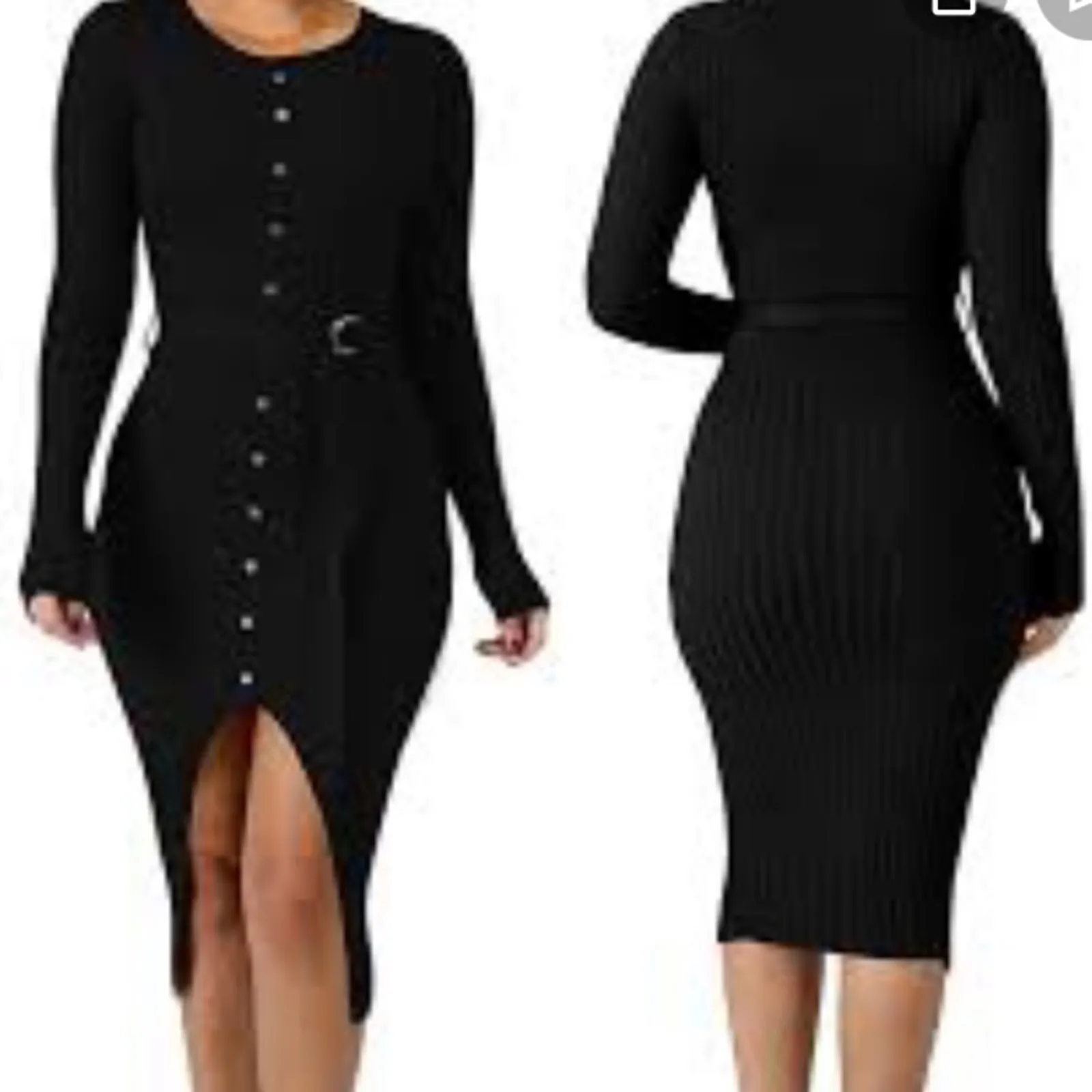 Hera Collection Grey Ribbed Bodycon Sweater Dress Faux Button Slit Size L - Image 2