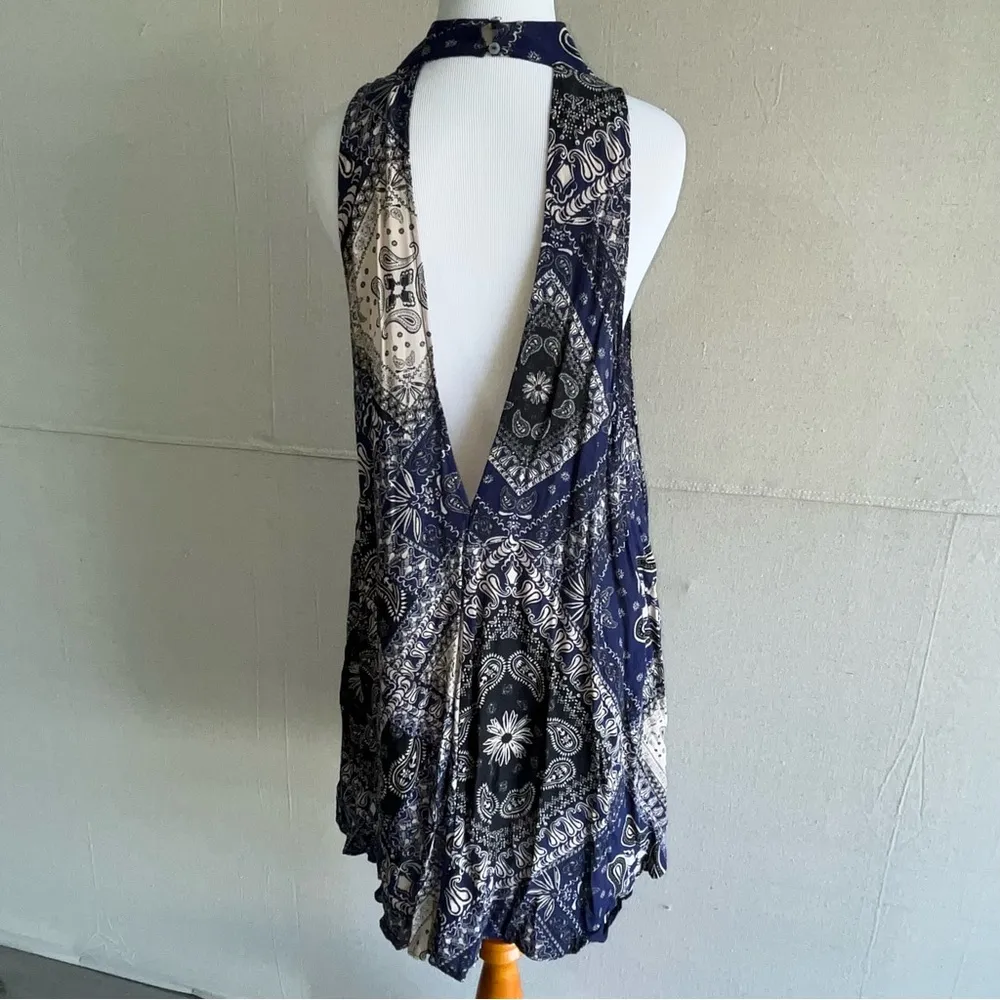 Beaux Halter Mini Dress Paisley High Neck L Navy boho - Image 3