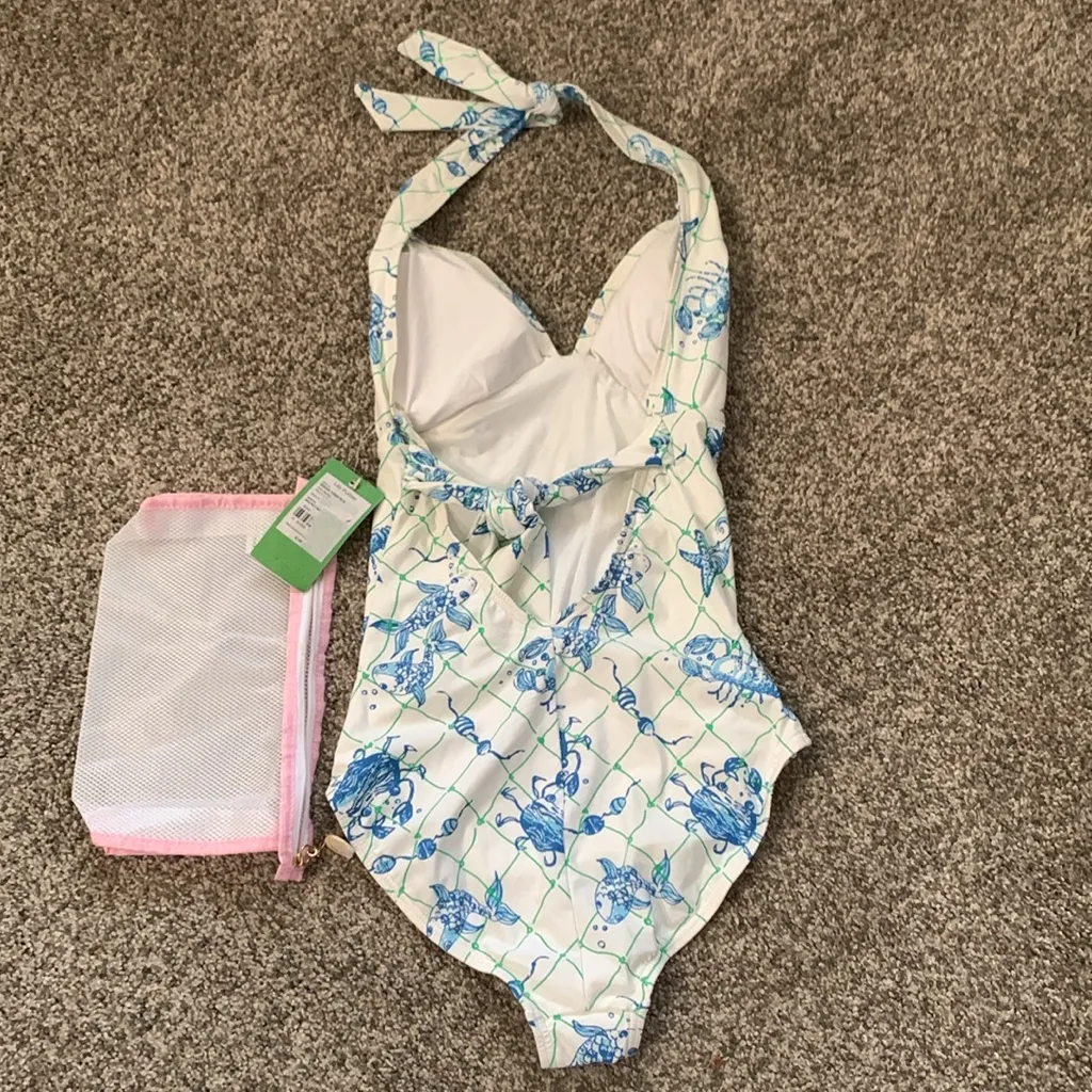 Lilly Pulitzer Sea Critter Blue White Tally 1 piece Swimsuit 0 XS New Mesh bag - Image 2