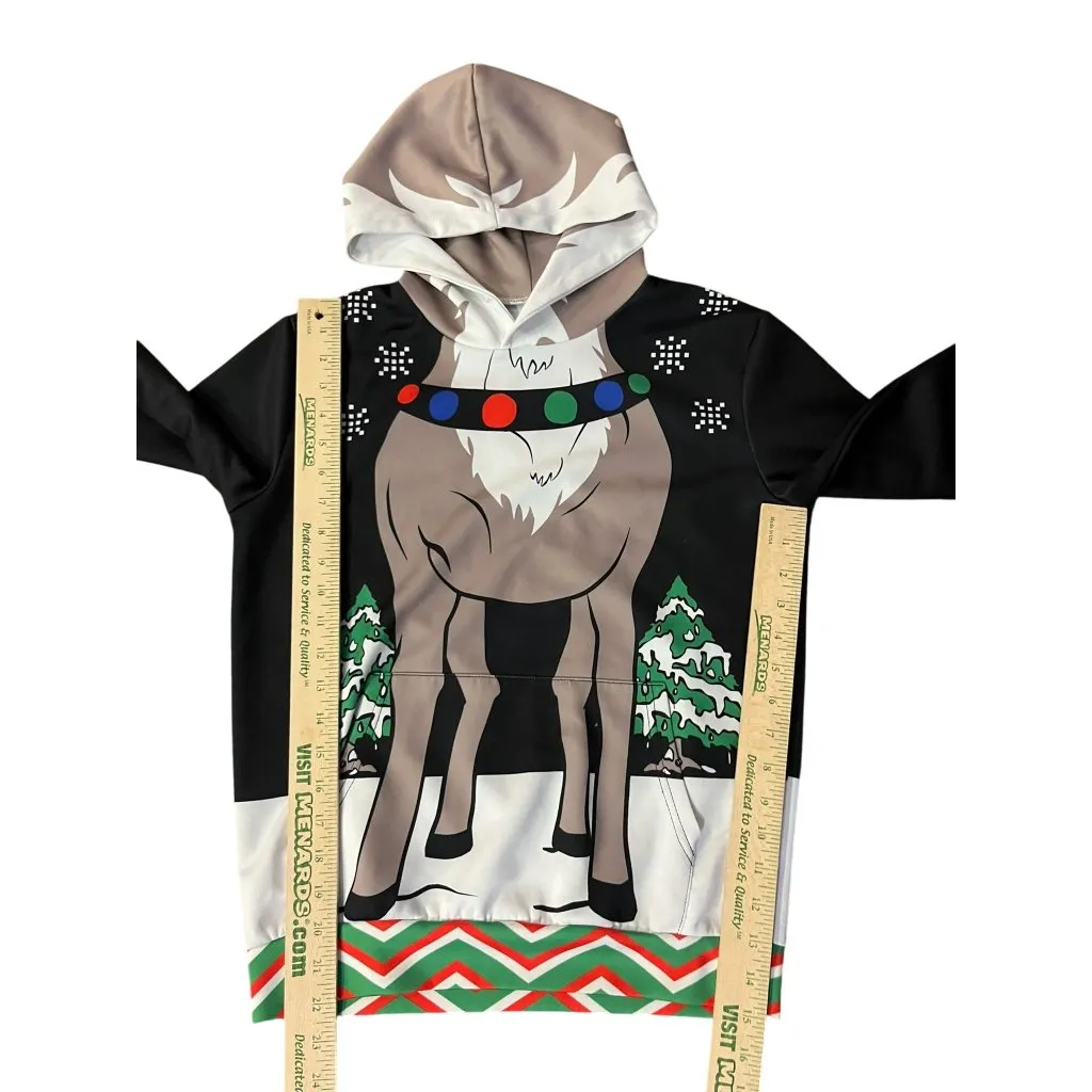 Christmas Reindeer Hoodie Adult Unisex Size S? Black Holiday Pullover Used - Image 11