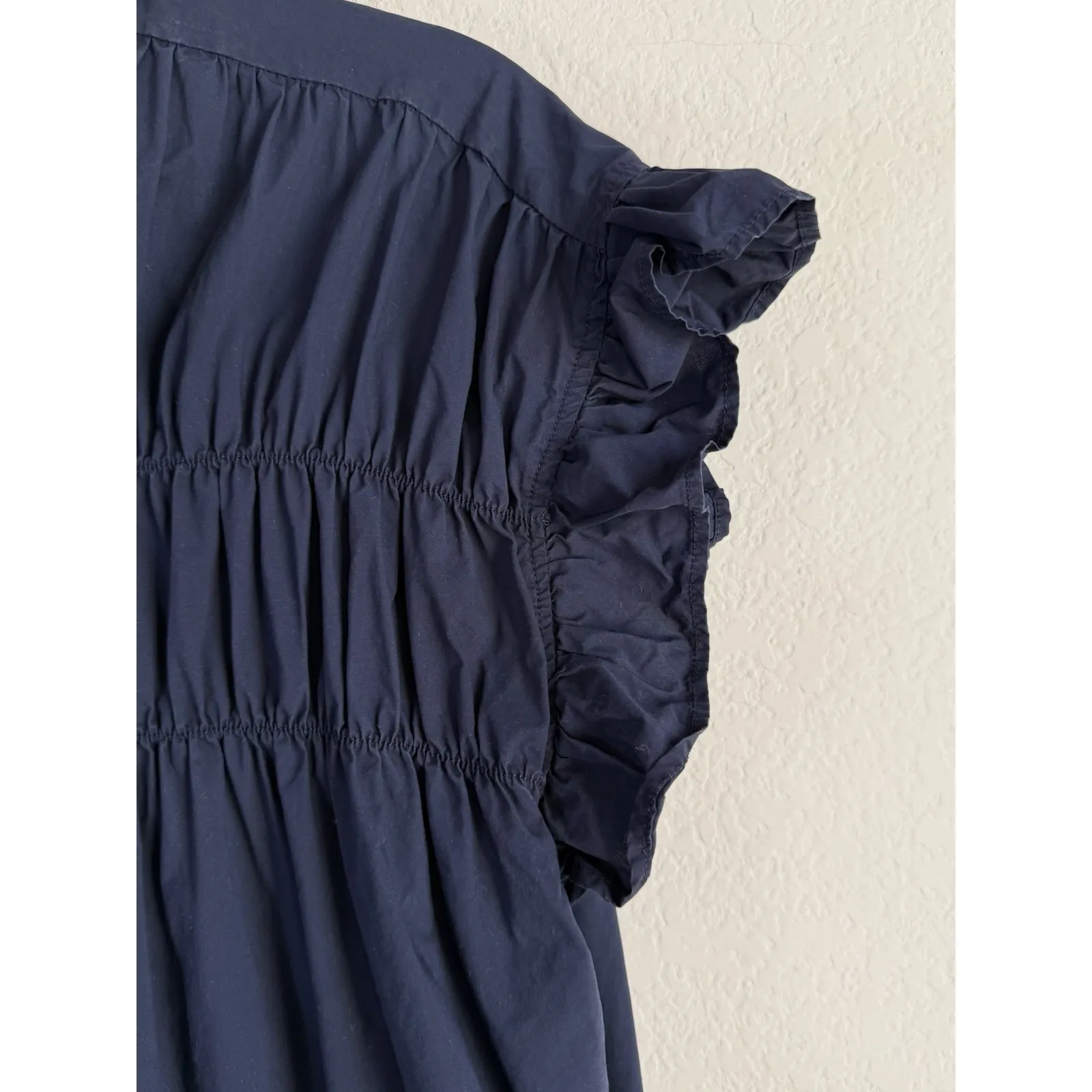 Avara Dress Women's Large Navy Button Up Ruffle Sleeve Smocked Yoke Pockets Blue - Image 6