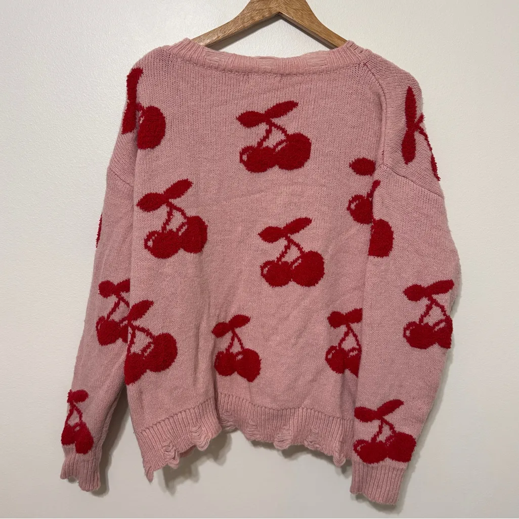 Altar'd State Cherries Pink V-Neck Sweater Distressed Size Medium Red - Image 7
