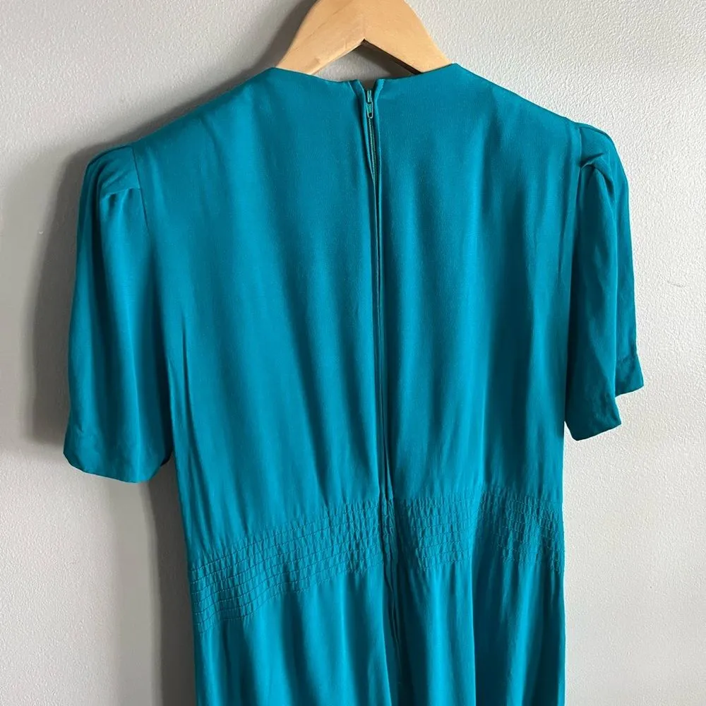 Vintage 80s Karin Stevens Teal Midi Dress Sz 4 Beaded Waist Puff Sleeves Blue - Image 8