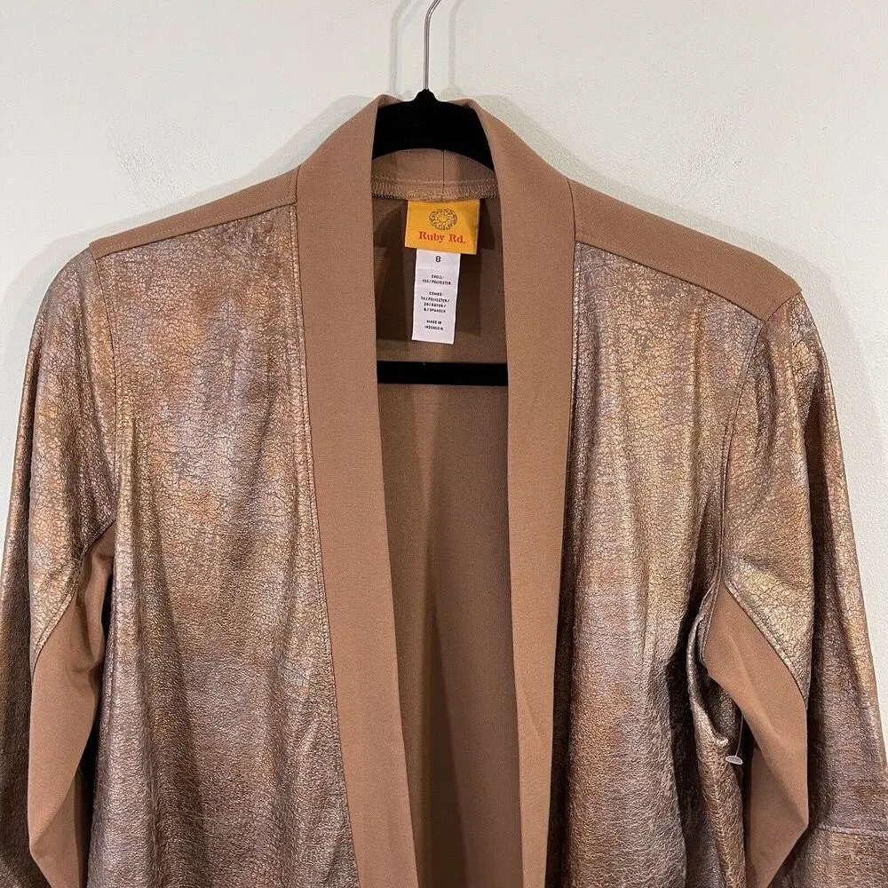 Ruby Rd. Women's Brown Faux Foil Long Sleeve Open Front Waterfall Sweater Size 8 - Image 2