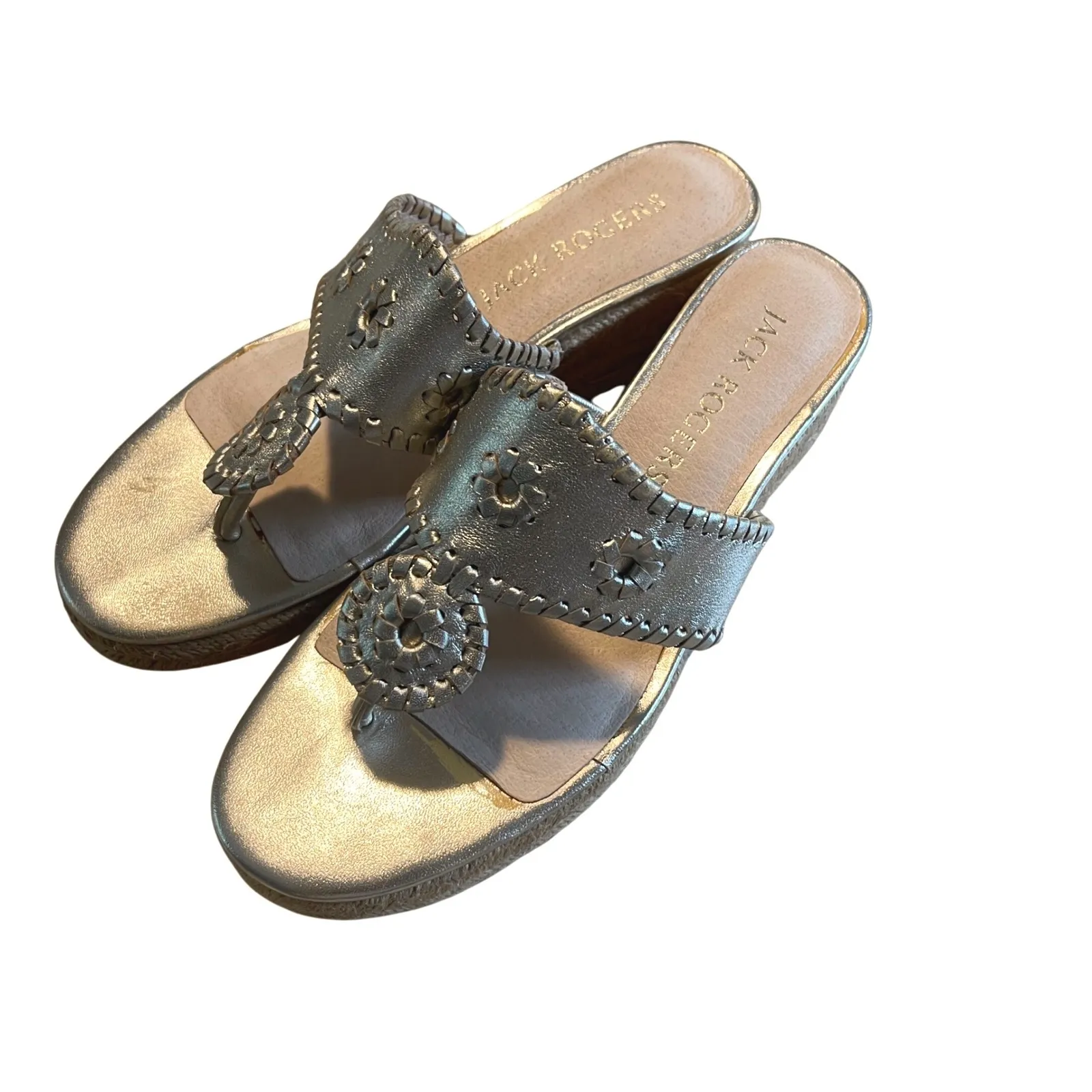 Jack Rogers Women's Gold‎ Leather Wedge Sandals Size 7.5M Thong Espadrille - Image 2