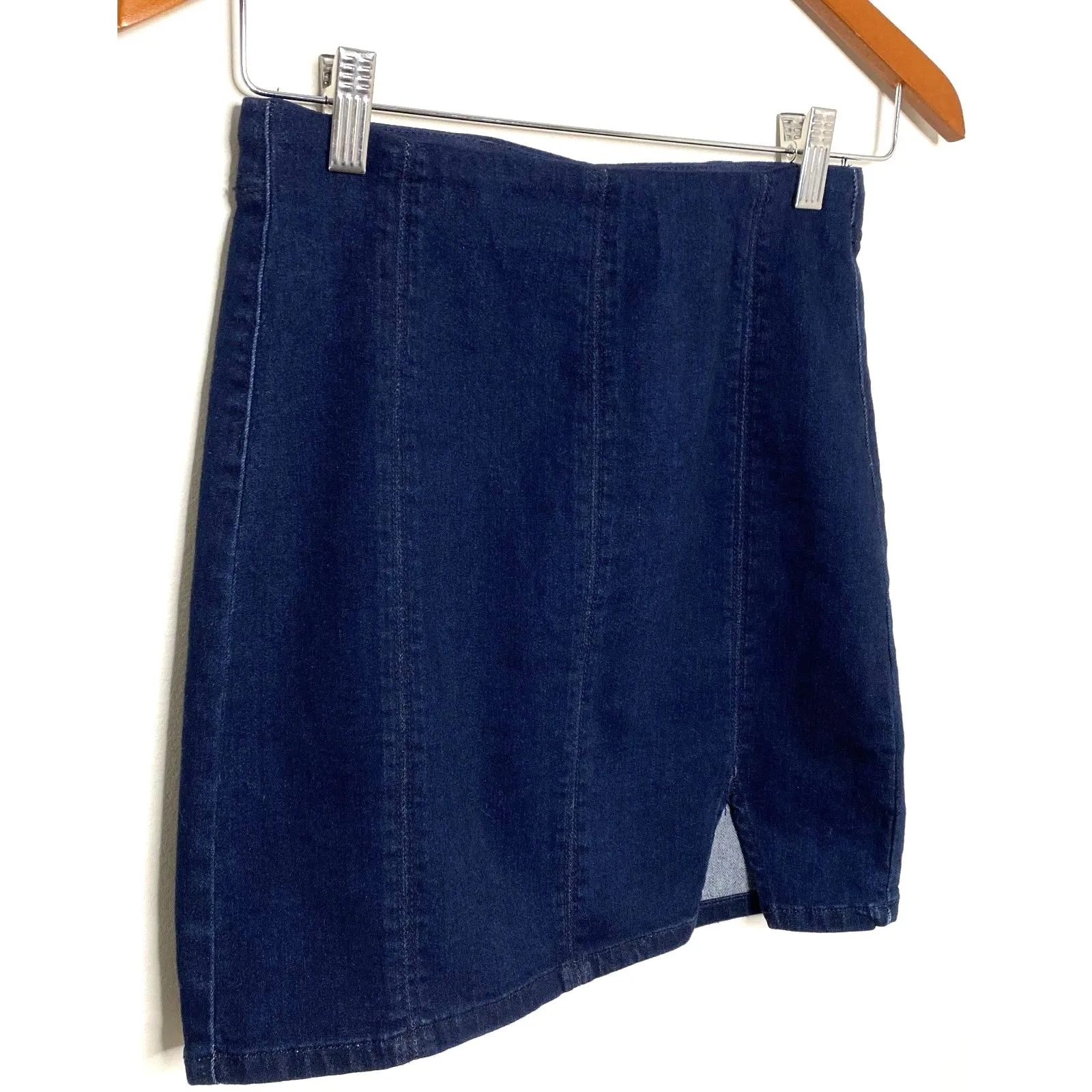 Free People Indigo Blue Cotton Blend Denim Slit Mini Skirt Modern Femme Sx XS - Image 5