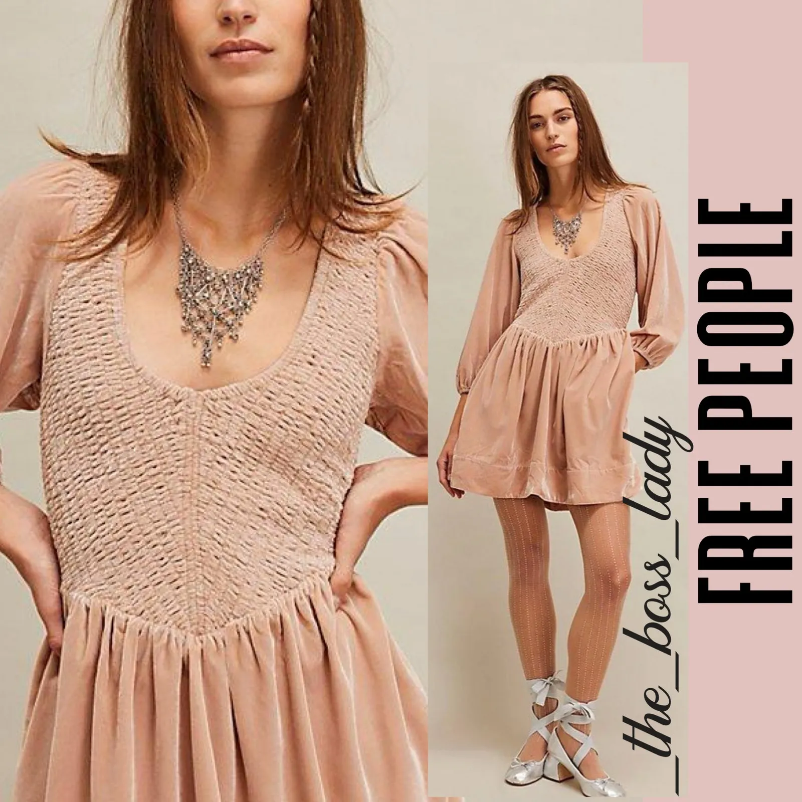 Free People mini dress velvet smocked pleated boho cocktail party Medium - Image 8