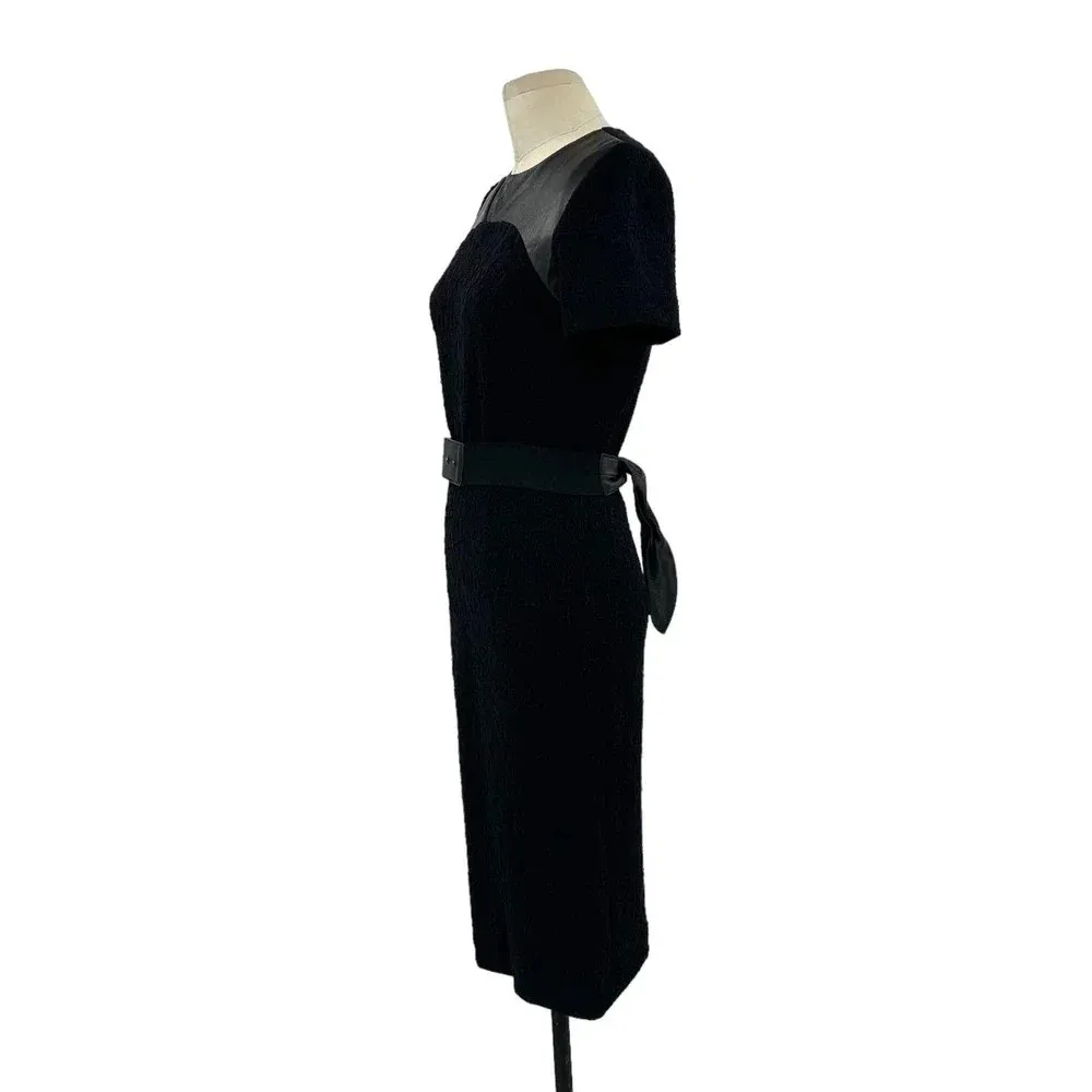 Teri Jon Sportswear Black Crepe Textured Leather Trim Sheath Dress Size 8‎ - Image 4
