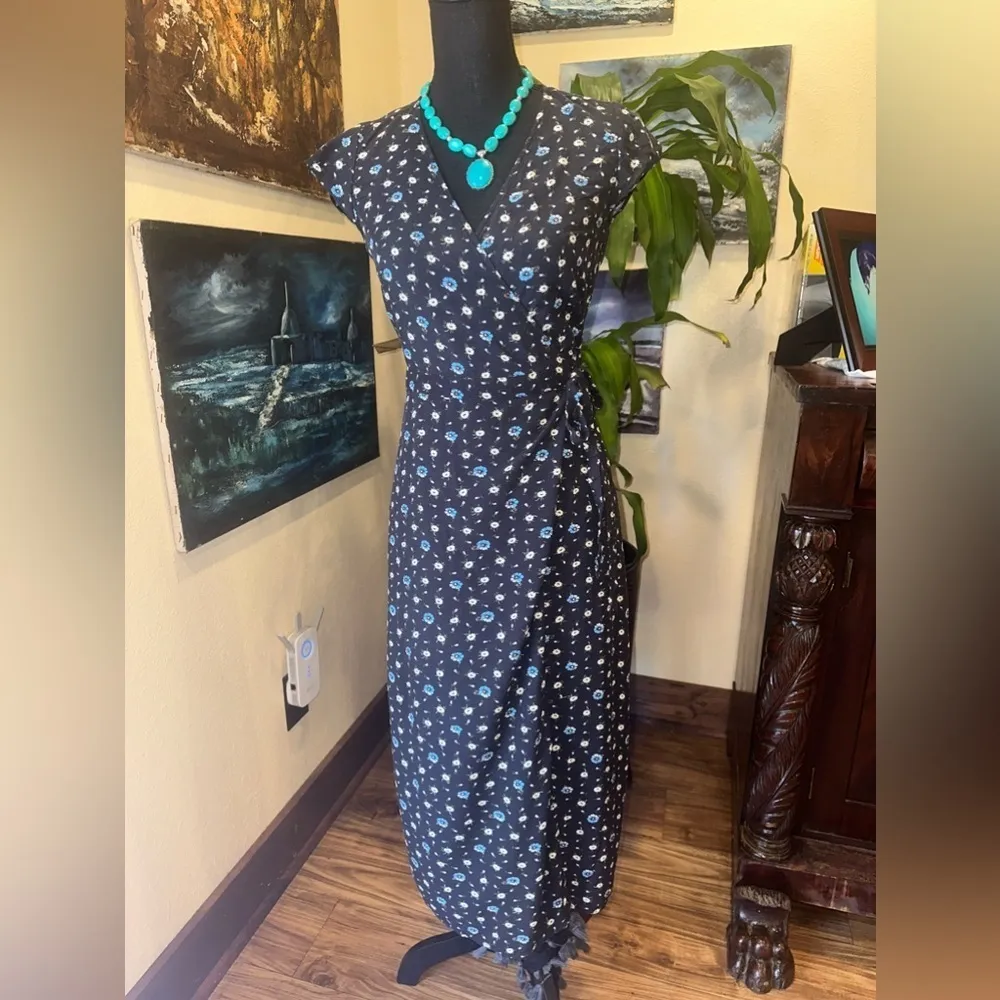 EUC J.CREW Mercantile Floral Wrap Dress Midi Daisy Black Blue SzXXS - Image 2