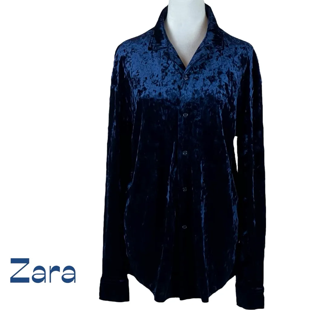 ZARA Blue Velvet Buttoned Down Skirt Size M - Image 2