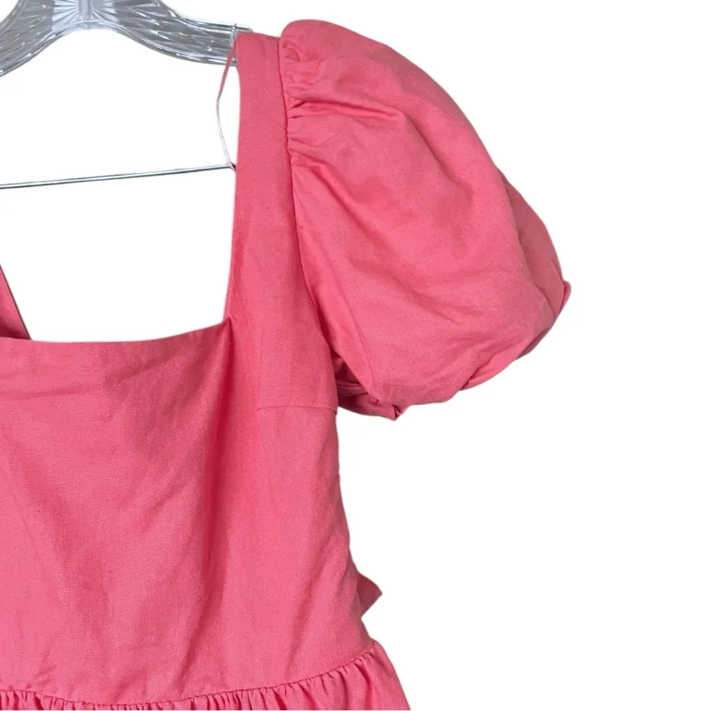 Zara Bow Back Bubble Hem Linen Blend Short Puff Sleeve Mini Dress XS Pink - Image 6