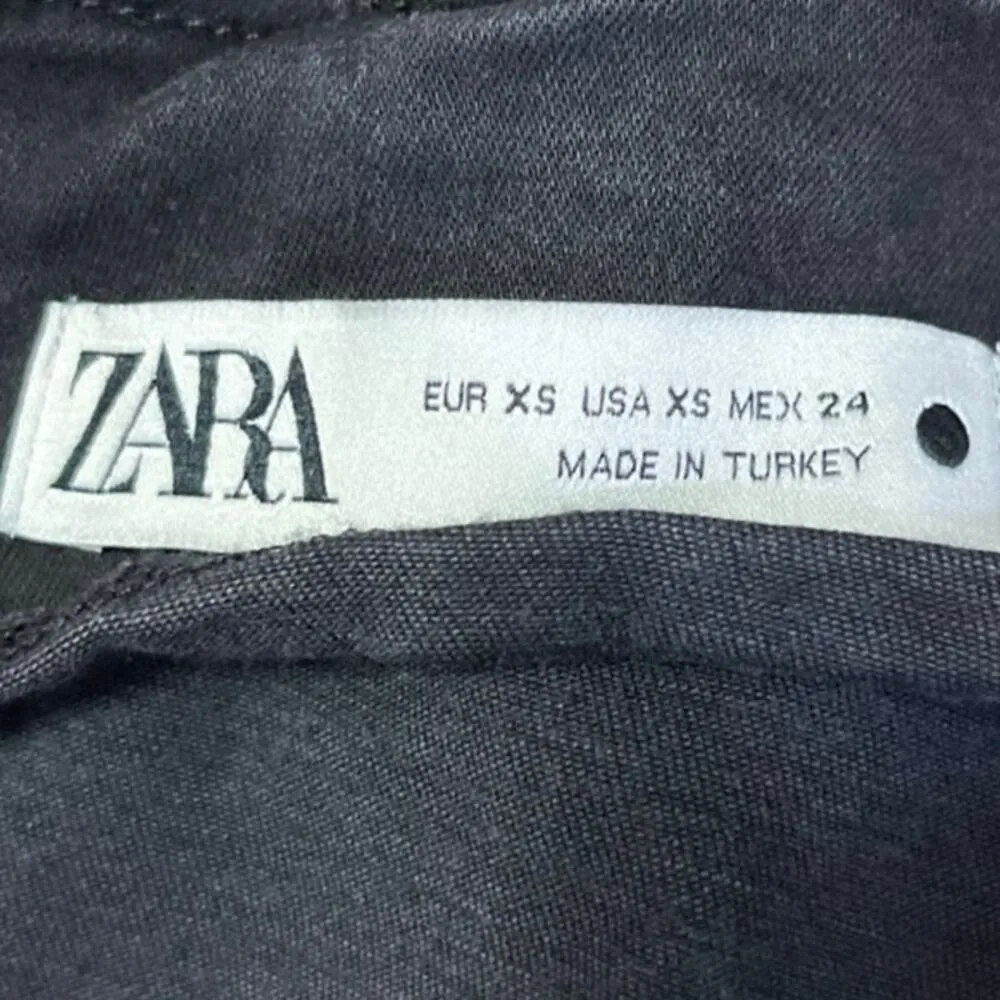 Zara Black Denim Ruched Puff Long  Sleeve Zip Up Crop Jean Shirt Blouse Top XS - Image 4