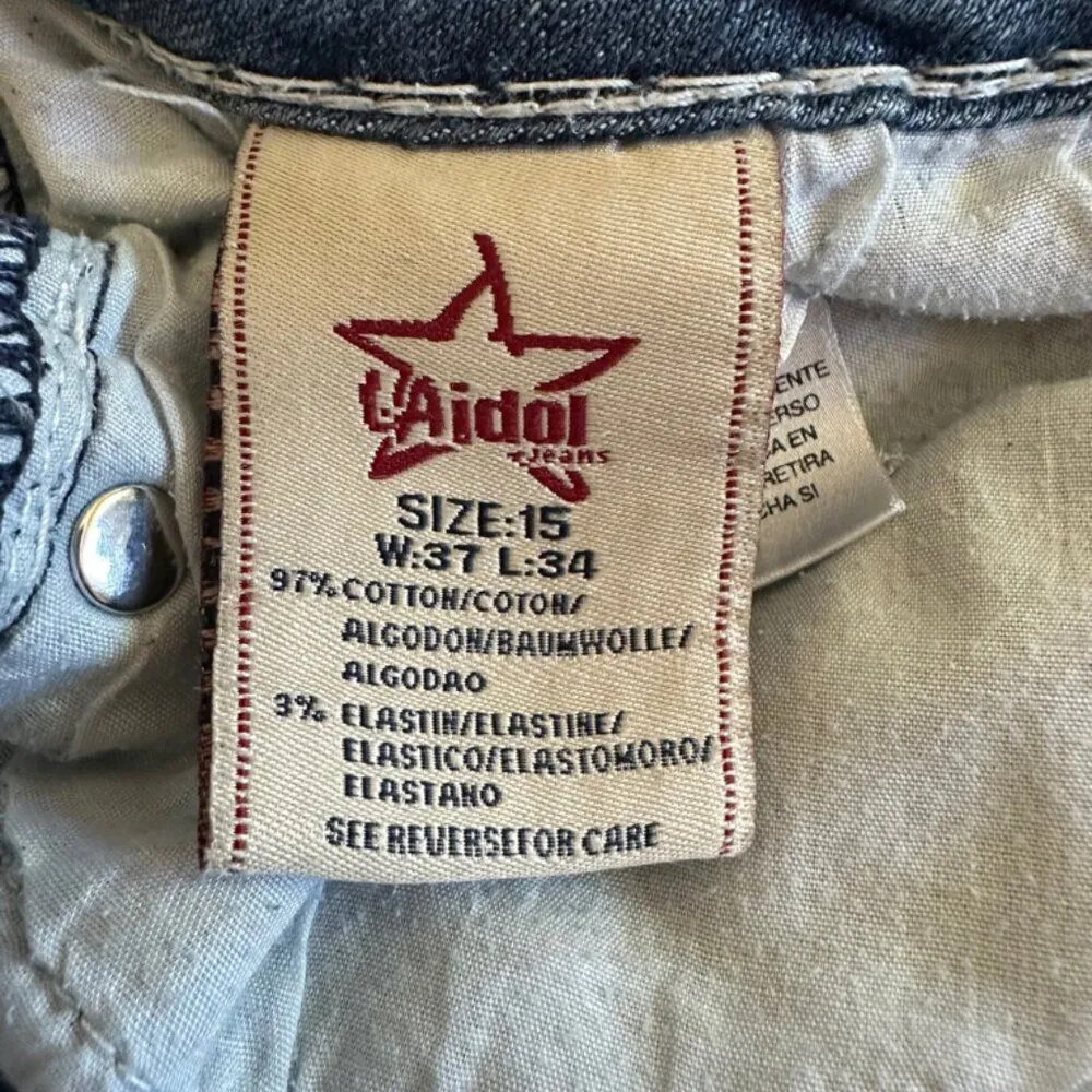 LA Idol Bermuda Jeans Size 15 Weathered with Large Hole in Crotch Blue - Image 11