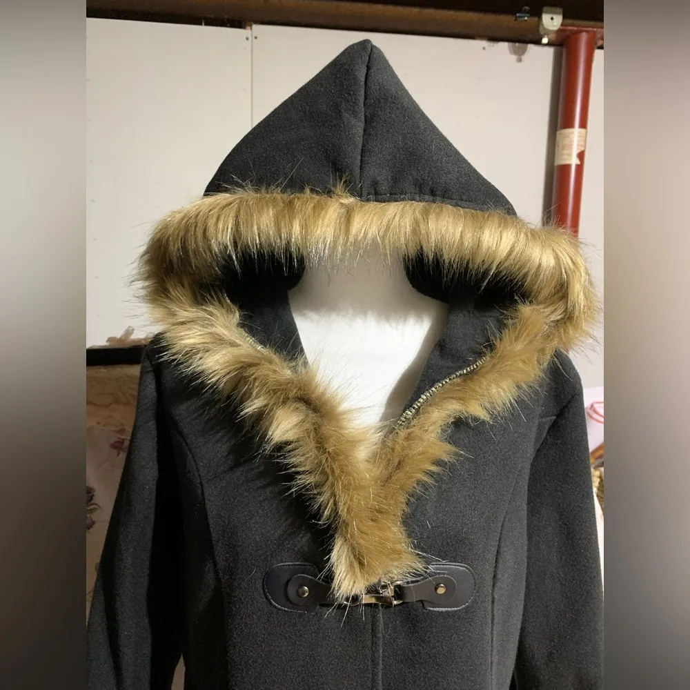 Black Faux Fur Trimmed Jacket Size L - Image 5