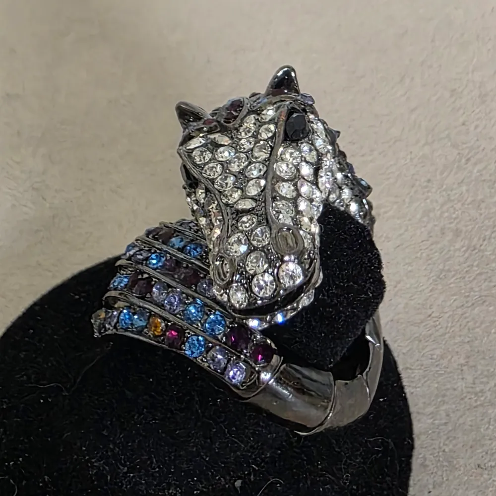 Statement Gunmetal Silver with Crystal Stones Horse Ring Blue - Image 2