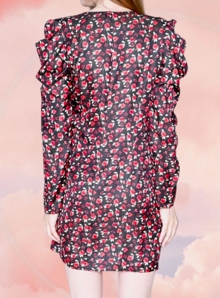 SOMETHING Navy Revolve Women Satin Black Red Floral Wrap Dress Sz M - Image 4