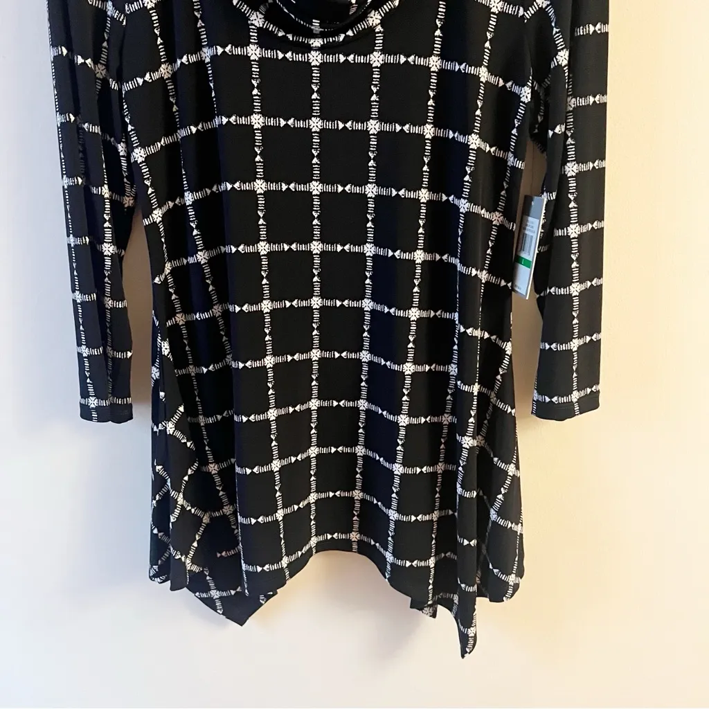 Chaus New York Black/White Plaid Assymetrical Hem Jersey Stretch Blouse L NEW Black Size L - Image 3