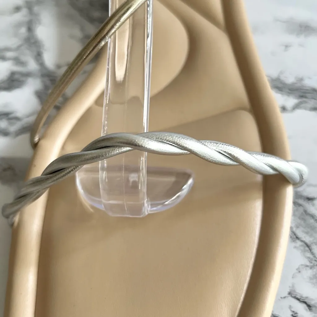 Marc Fisher Lueth Strappy Sandals 7.5 Metallic Gold Silver Ankle Wrap Flat NEW - Image 5