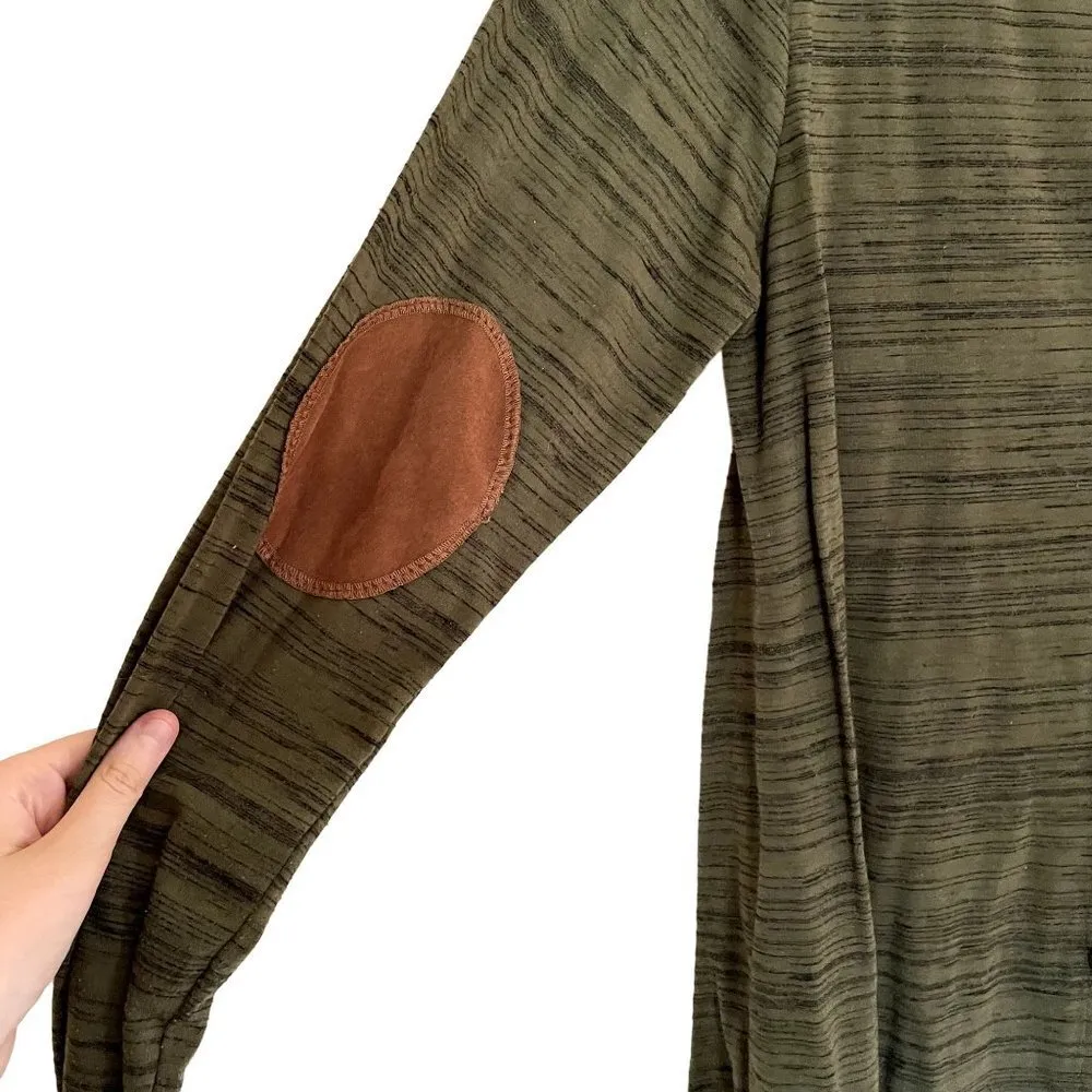 Bellamie green long sleeved top crewneck buttons elbow patch leather work - Image 5