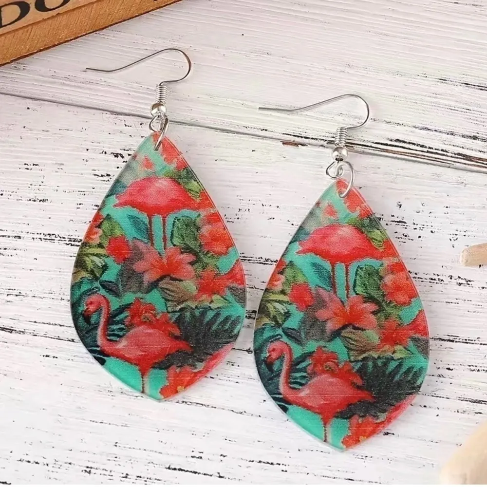 Flamingo Lightweight Acrylic Dangle Earrings, Green, Pink Green - Image 11