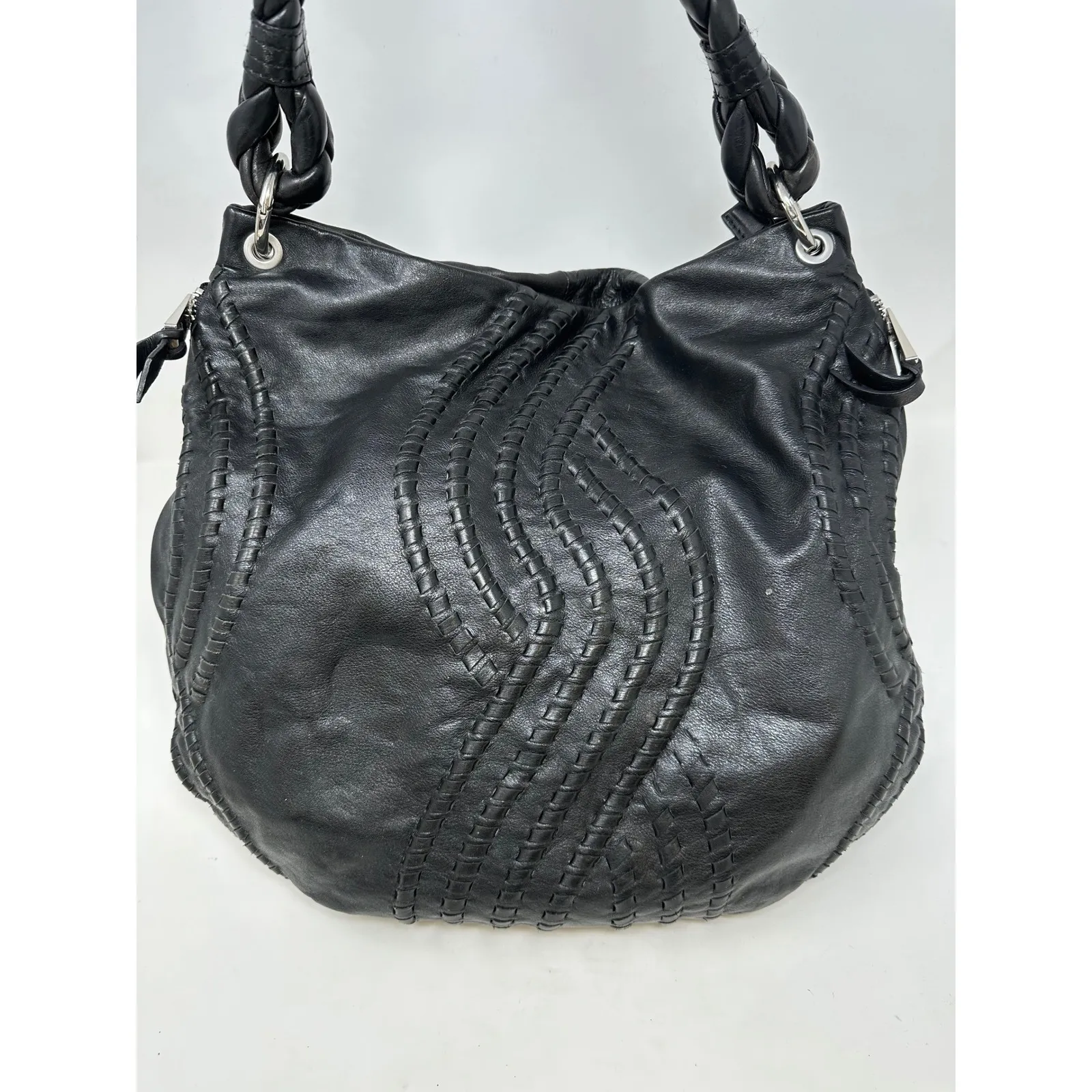 Kenar Whip Stitch Braded Strap Leather Shoulder Bag Black - Image 2