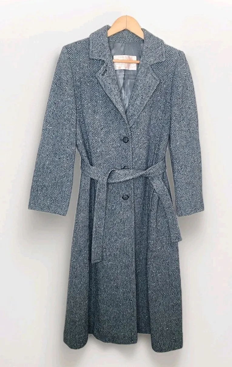 Vtg Pendleton Belted Long Coat Women's Herringbone Virgin Wool Trench 70s 80s - Image 1