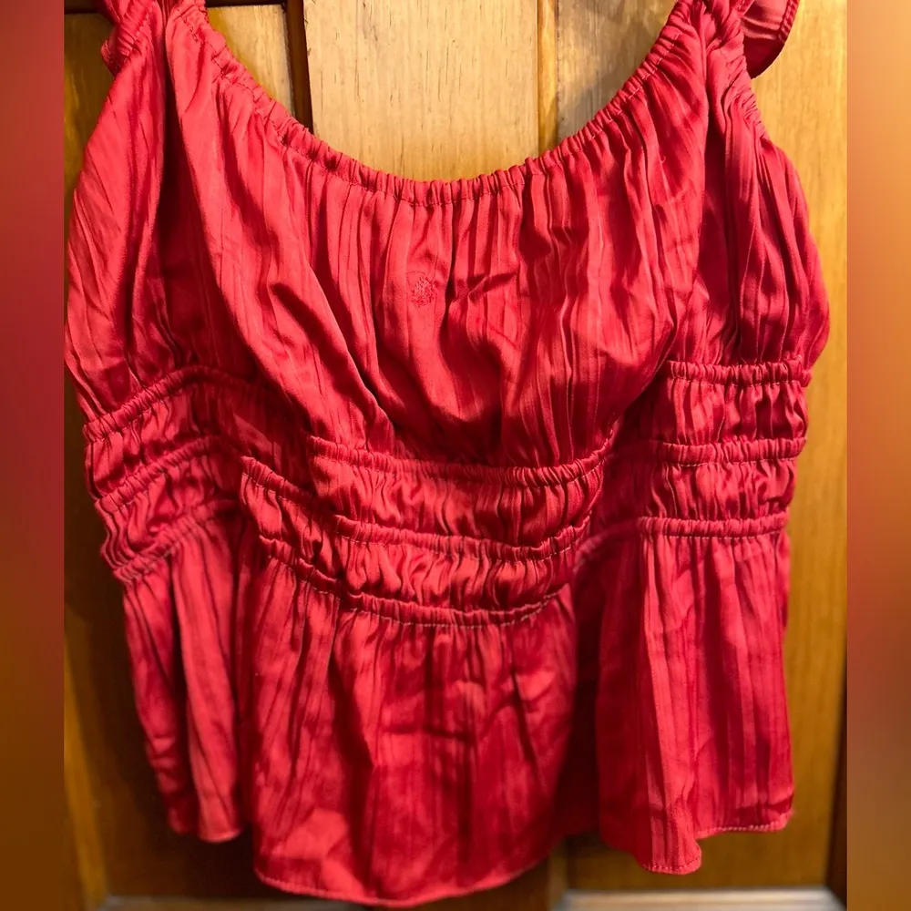 Red Anthropologie Blouse—Ruched, Smocked, Sleeveless with Ruffled Straps… - Image 5