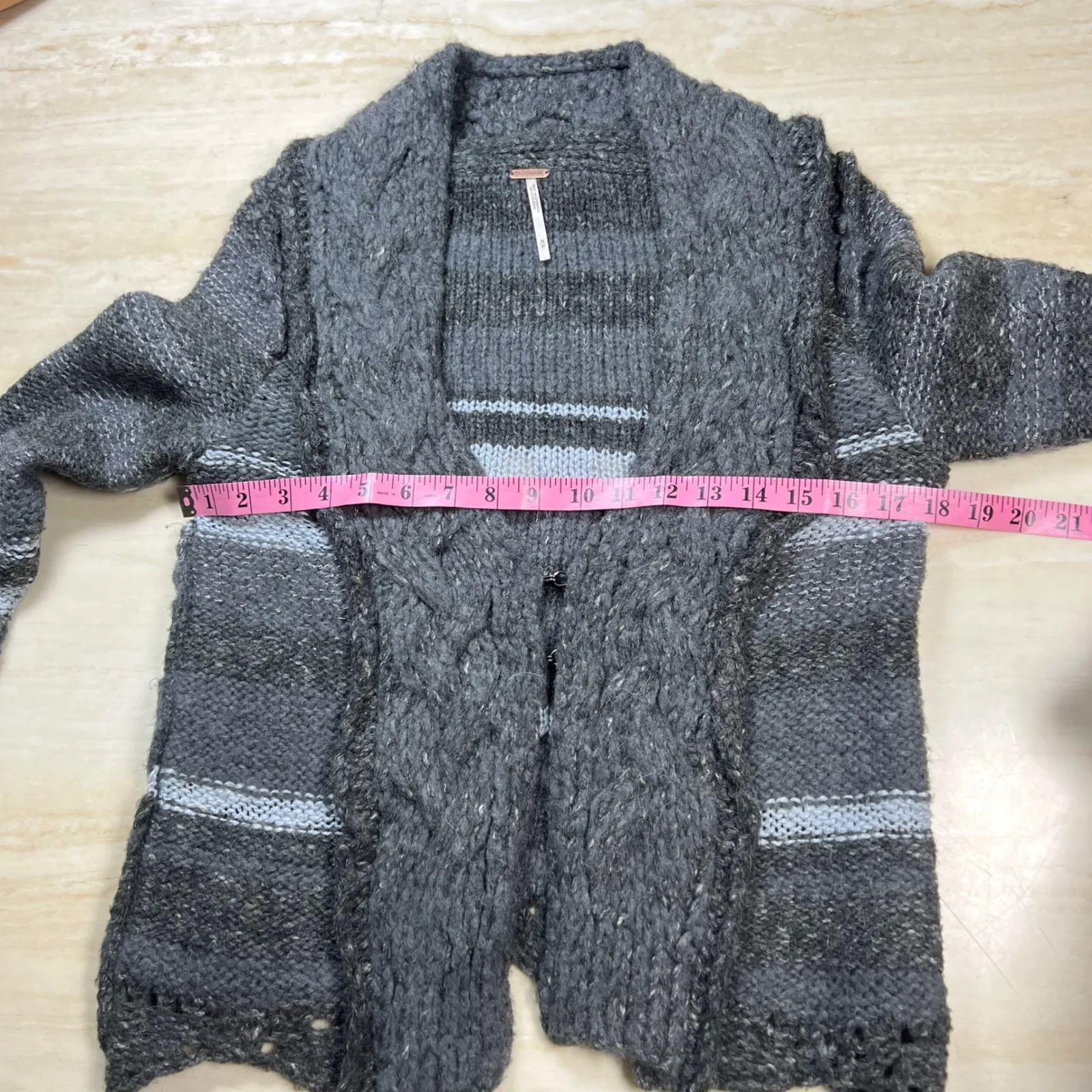 Free People Striped Knit Cardigan Button Up Sweater Gray Blue Oversized Medium - Image 7