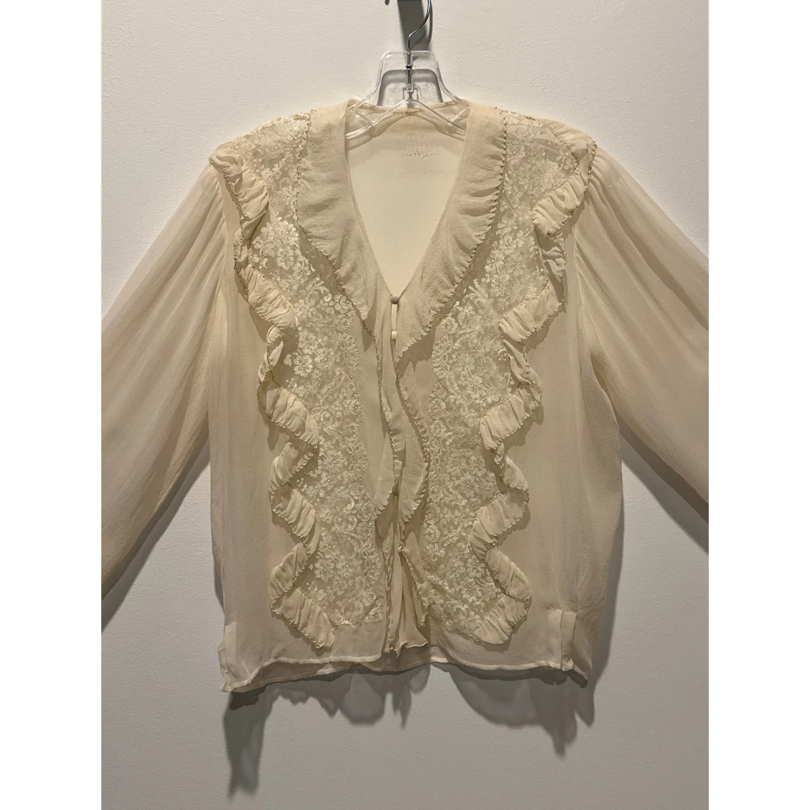 Unlabeled Vintage Cream Chiffon Lace Ruffle Blouse with Double Cuffs medium White - Image 14