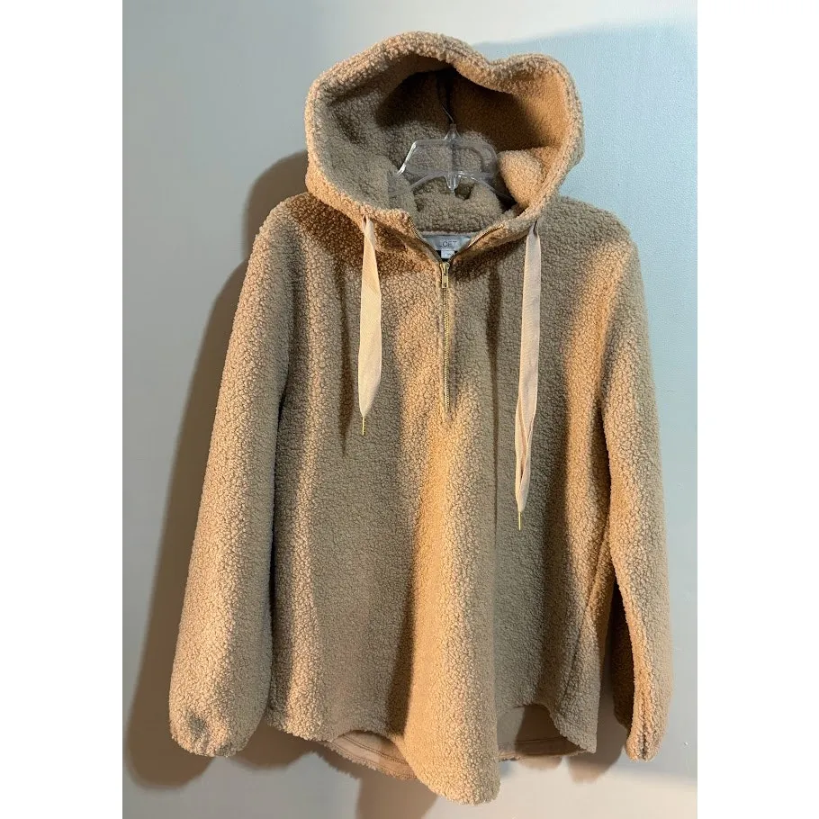 Loft Women's Tan Sherpa Teddy Hoodie Sweater Size Large NWT - Image 3
