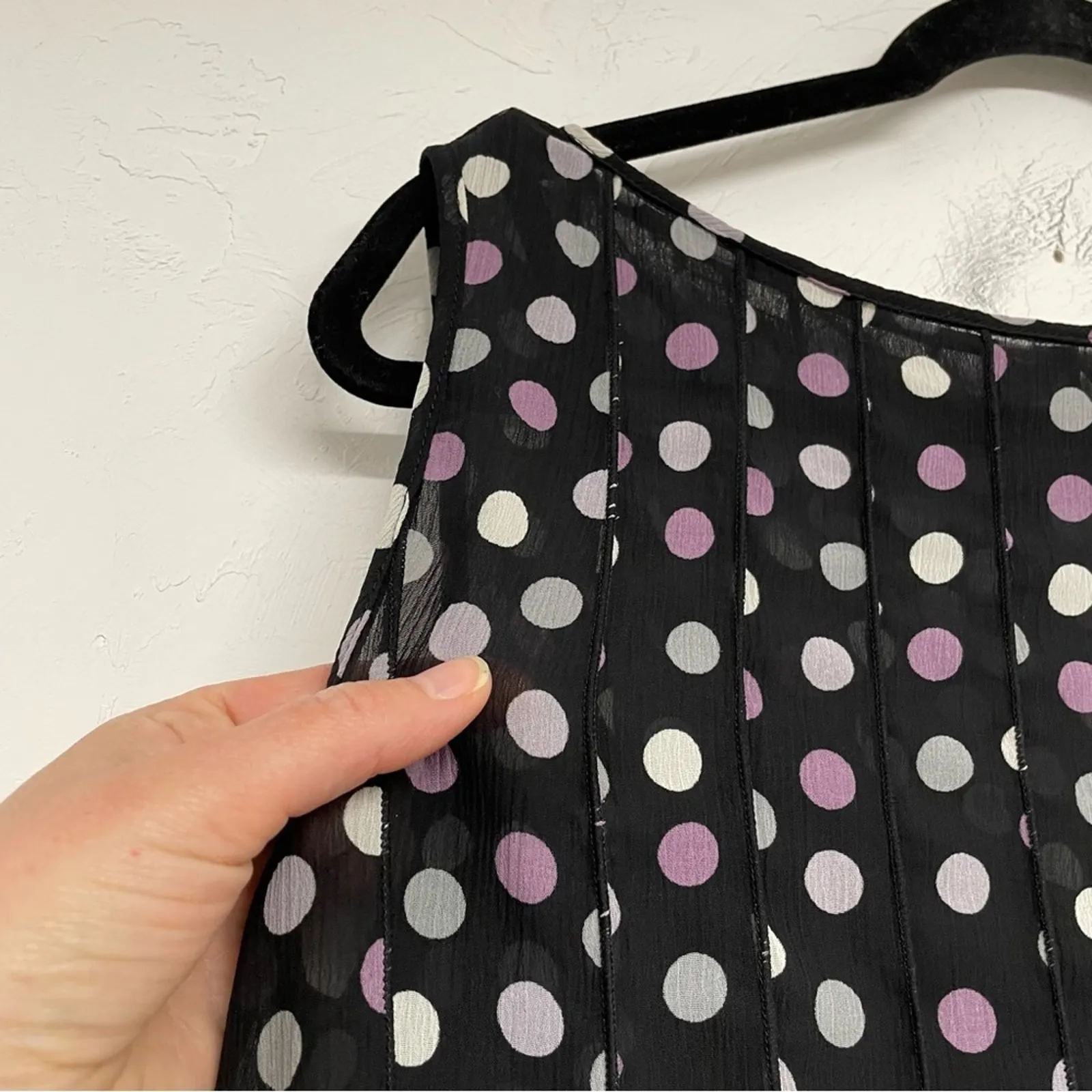 Sandra Darren Black Purple & Grey Polka Dot Pleated Sleeveless Mini Dress 14 - Image 2