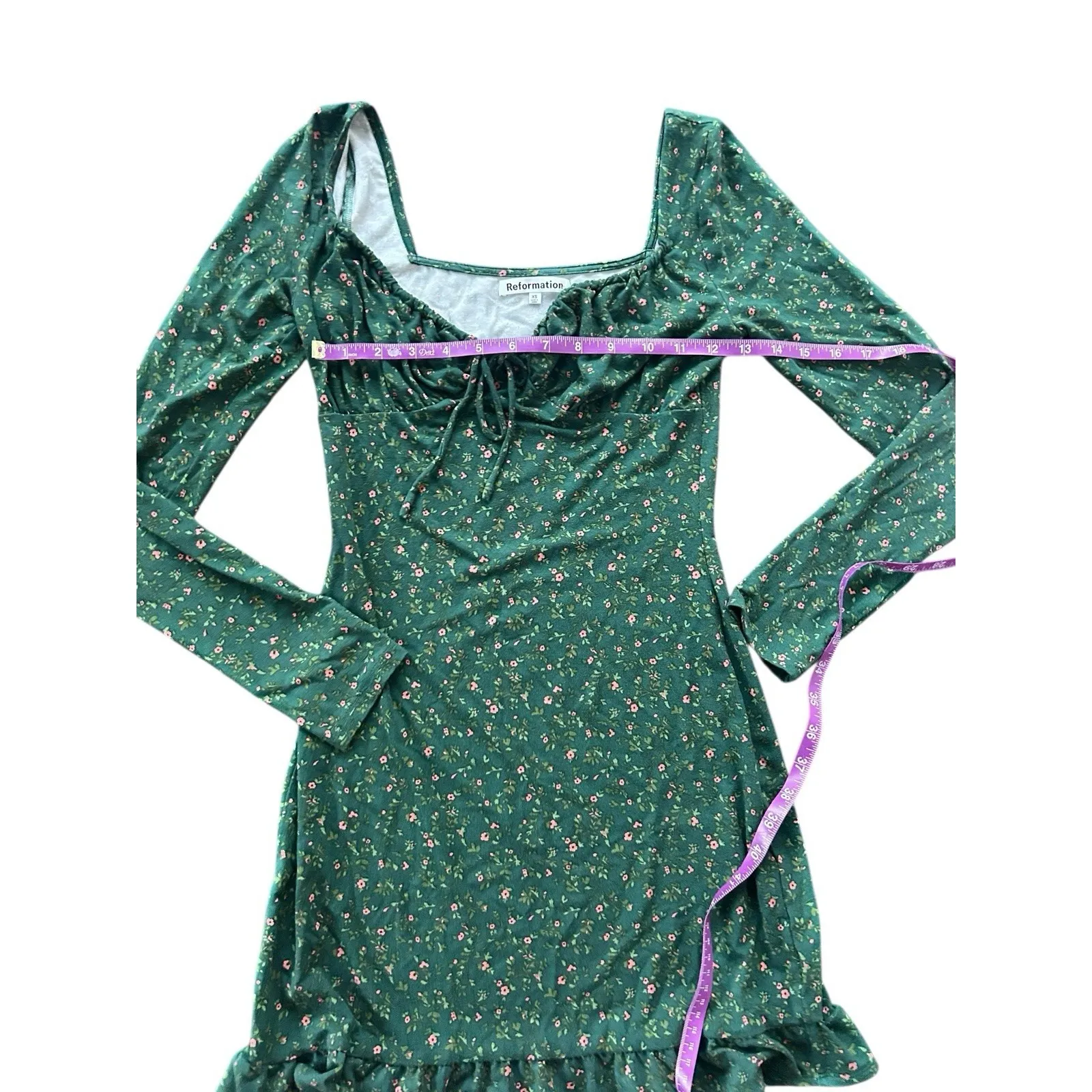 REFORMATION ANJELINE CORIANDER GREEN FLORAL LONG SLEEVE MINI DRESS  XS - Image 9